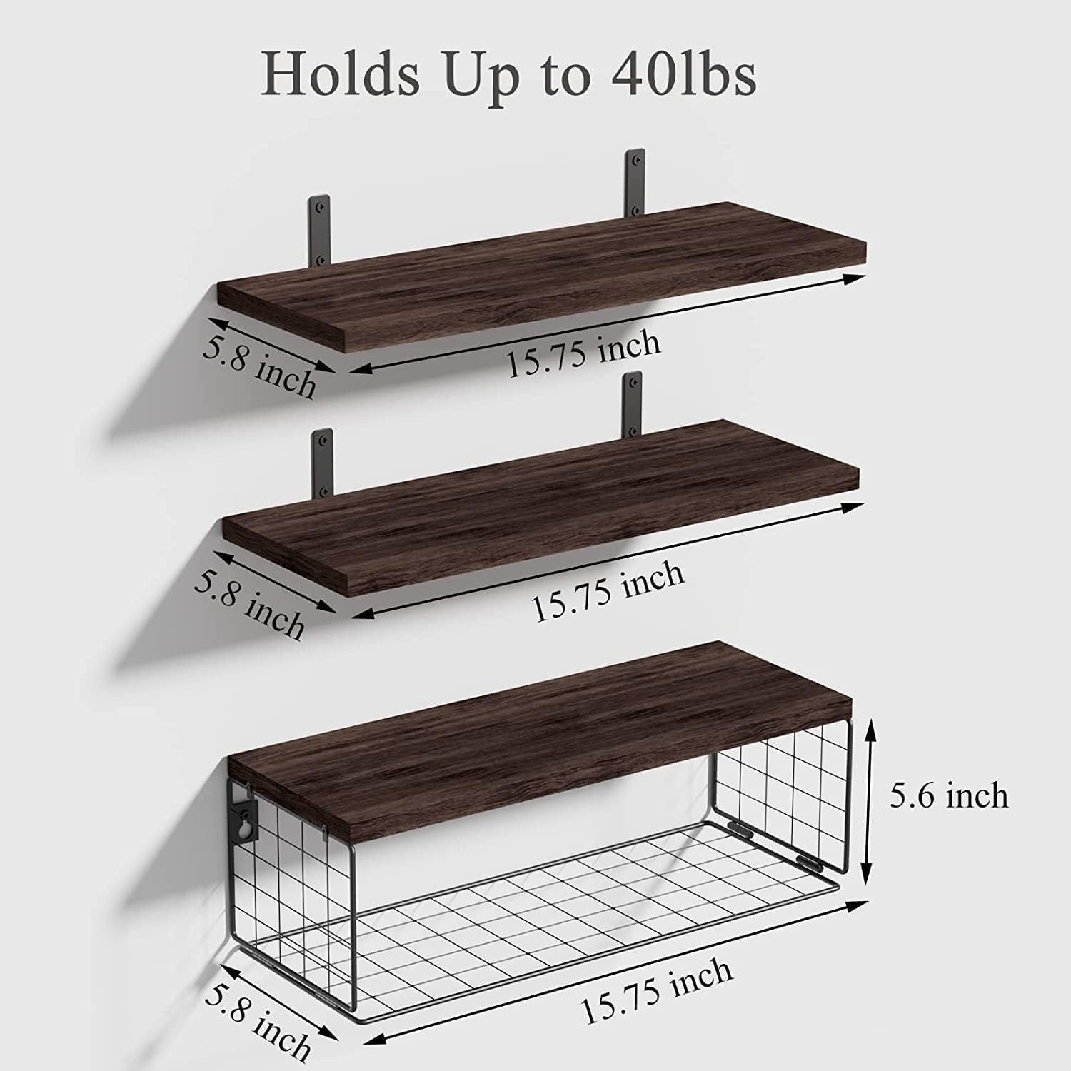 Floating Shelves Set of 3, Wall Mounted Shelf with Wire Storage Basket, Bathroom Shelves over Toilet, Wood Hanging Shelving for Bathroom, Bedroom, Living Room, Kitchen Decor image number 5