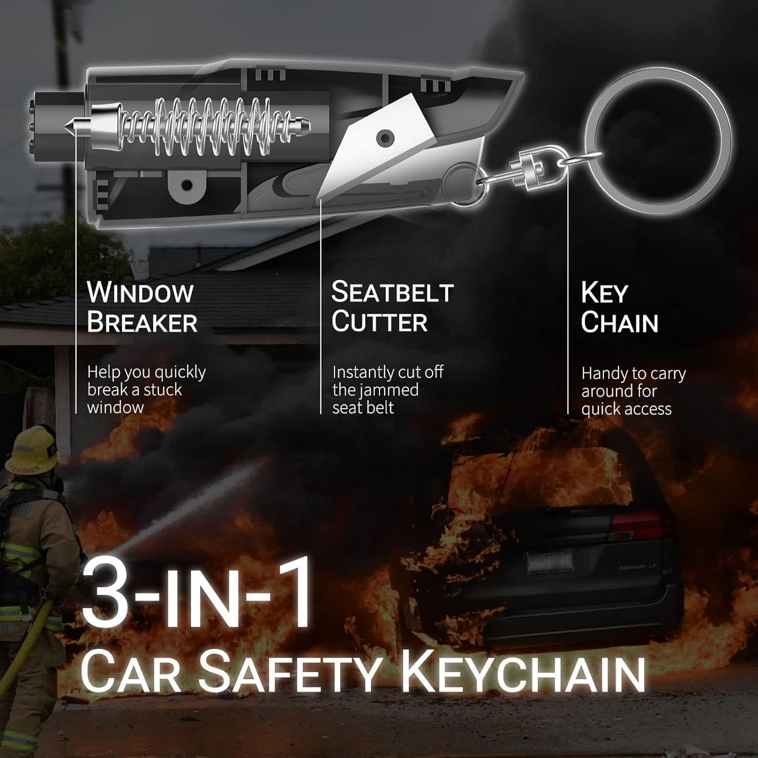 SINSEN Window Breaker Seatbelt Cutter, Car Emergency Safety Keychain, Seat Belt Escape Tool and Glass Hammer, Spring-Loaded for Land and Underwater, 2PCS, Red