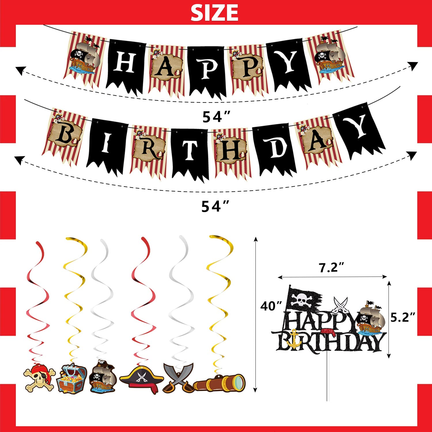 GOGOPARTY Pirate Party Decorations - Happy Birthday Pirate Theme Party Supplies, Balloons Banner Cake Toppers Hanging Swirls Birthday Sets for Adults Kids image number 2