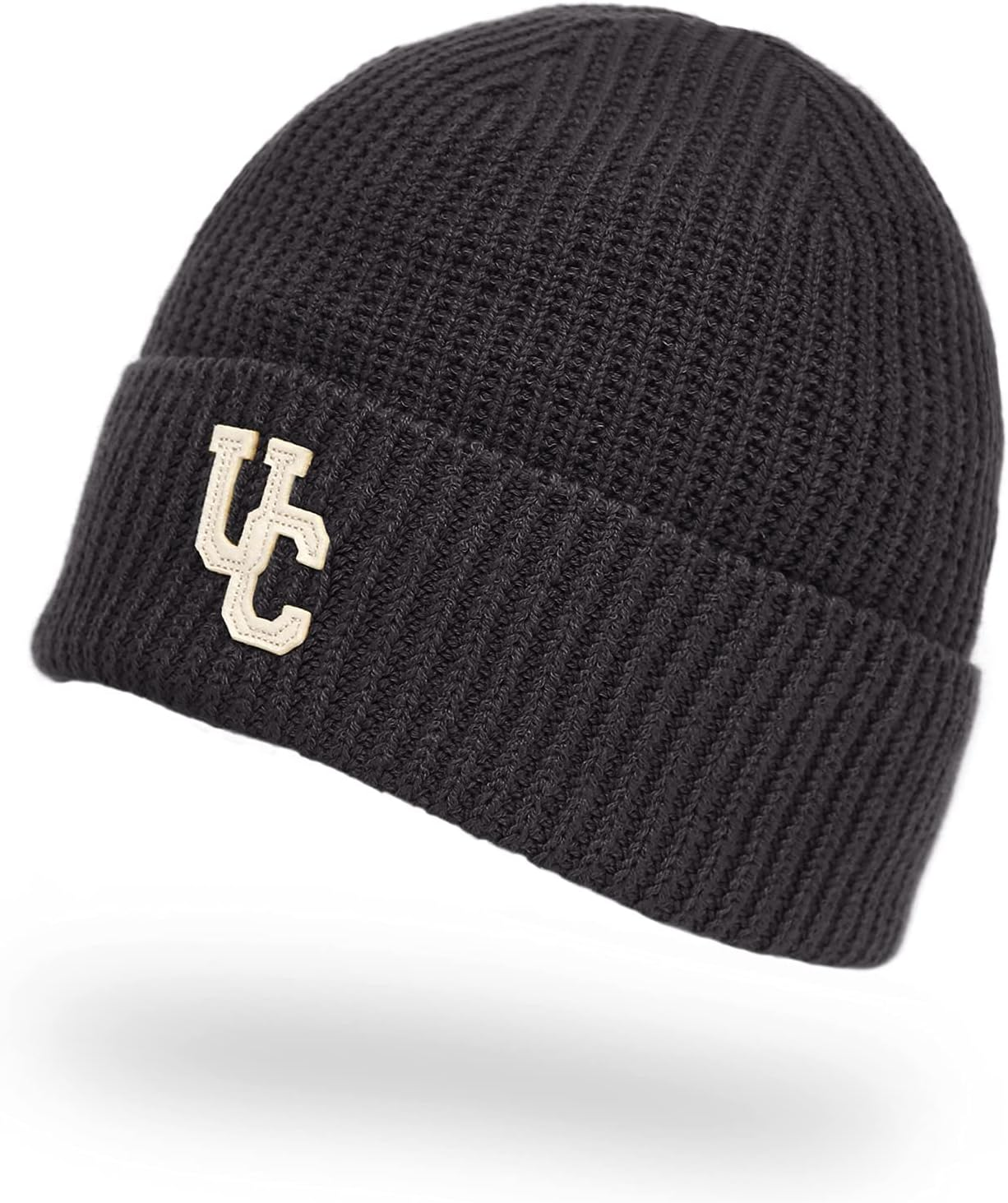 UNDERCONTROL Stripe Pattern Roll up Skullcap Warm Winter Watch Hats Thick Knit Cuff Square Logo Patch Unisex Fisherman Beanie - Charcoal image number 4