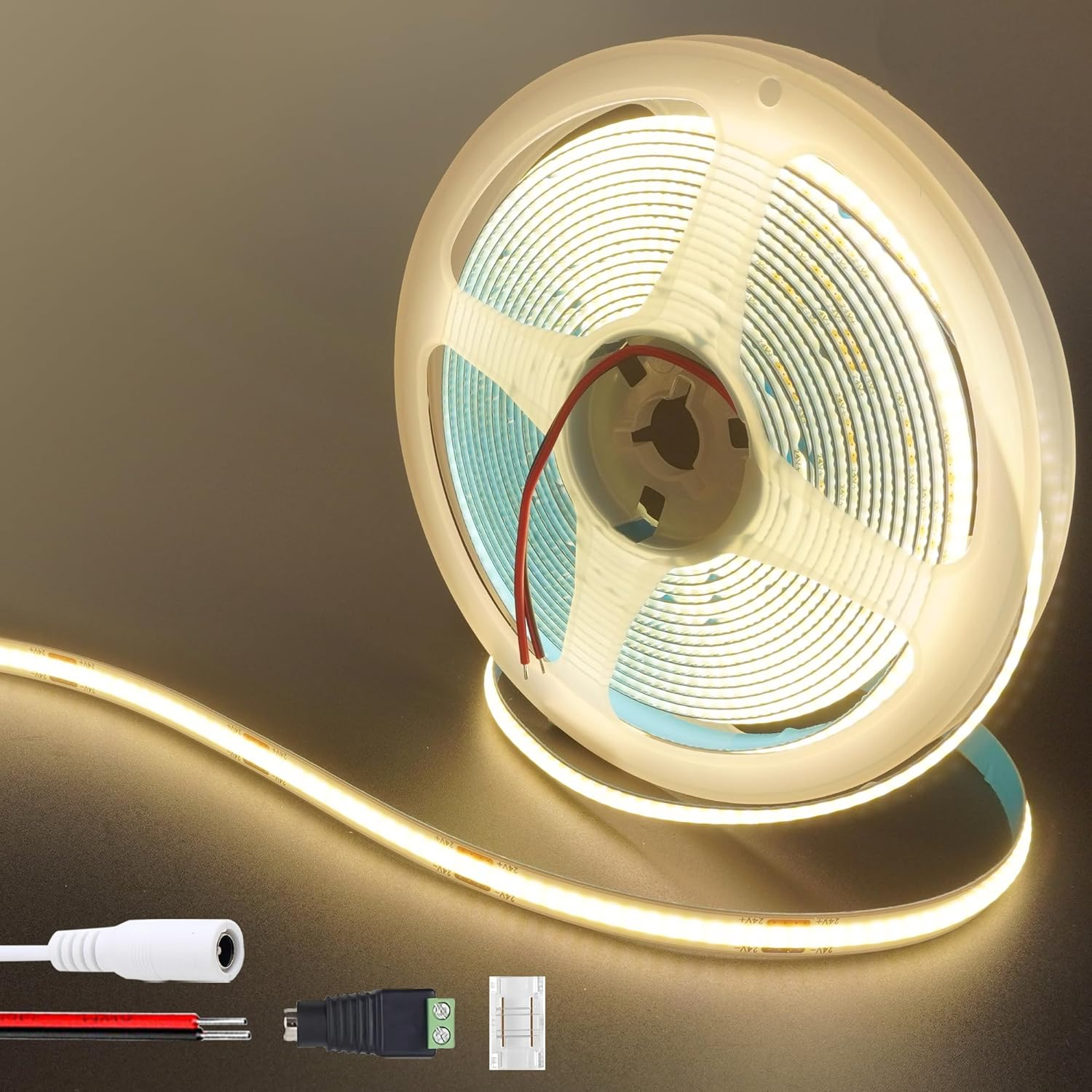 Clearhill 24V COB LED Strip Lights(No Power Supply),32.8Ft/10M,Cool White 6500K,320Leds/M,With 5521DC Female and Red+Black Wire Connectors,8Mm Width,Cri90,Electroplated Double-Sided Panel,10W/M,Ip20