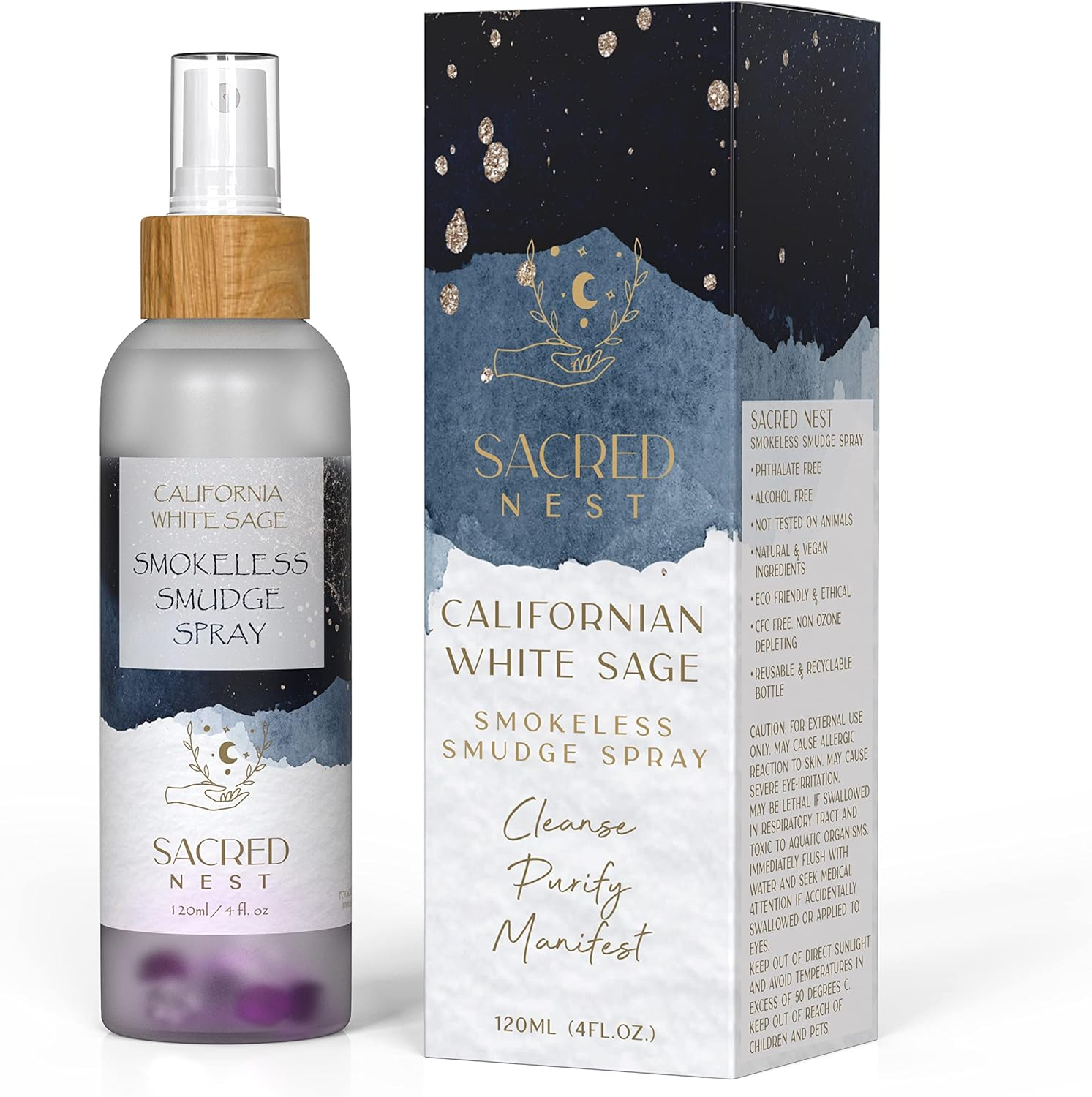 Sacred Nest California White Sage Spray with Crystals 120Ml/4Oz | Smudge to Cleanse Negative Energy | Natural Room Alternative to Incense Sticks | Moon Charged Mist & Crystals image number 1