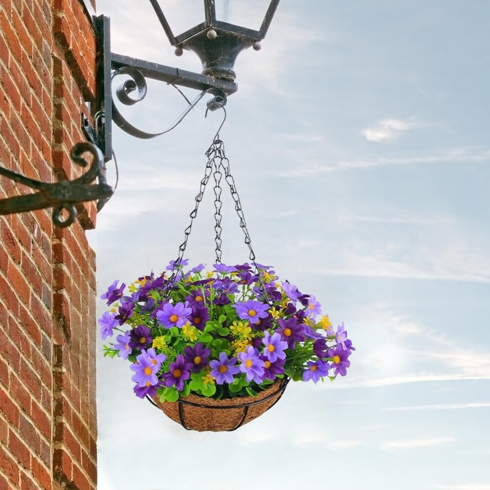Artificial Geranium Flowers Hanging Basket for Outdoor/Indoor, Fake Flower Arrangement in 11'' Basket (Purple) image number 1