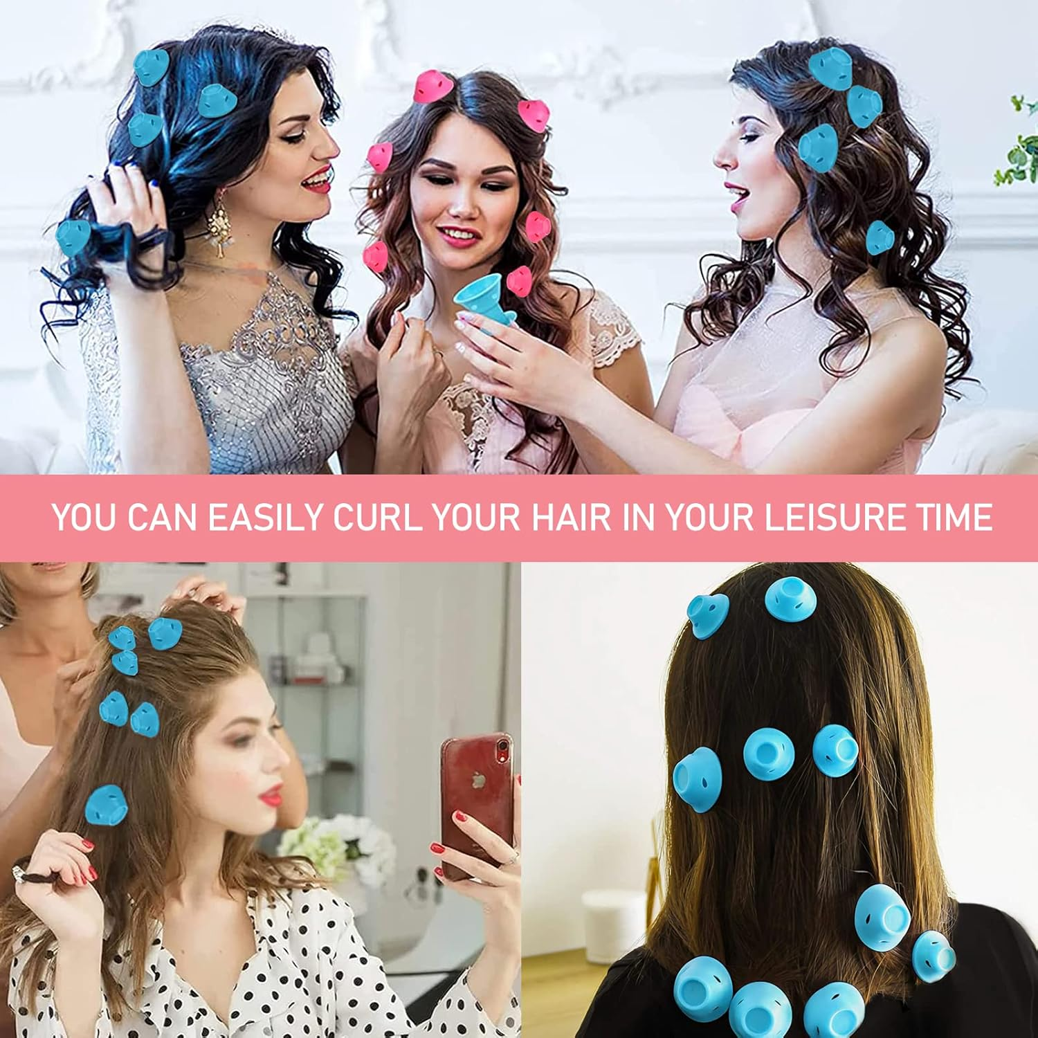 CZAYEFNH 40 Pieces Silicone Hair Rollers Self Grip Curlers, Curlers without Heat Hair Curler for Long Short Hair, Curler Set for Hair (Blue + Pink)