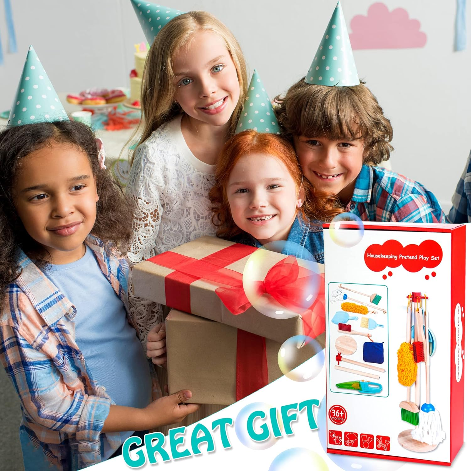 Kids Cleaning Set with Electric Vacuum Cleaners, Wooden Pretend Play Housekeeping Set, Toddler Cleaning Toys for Girls Boys Age 3+ image number 6