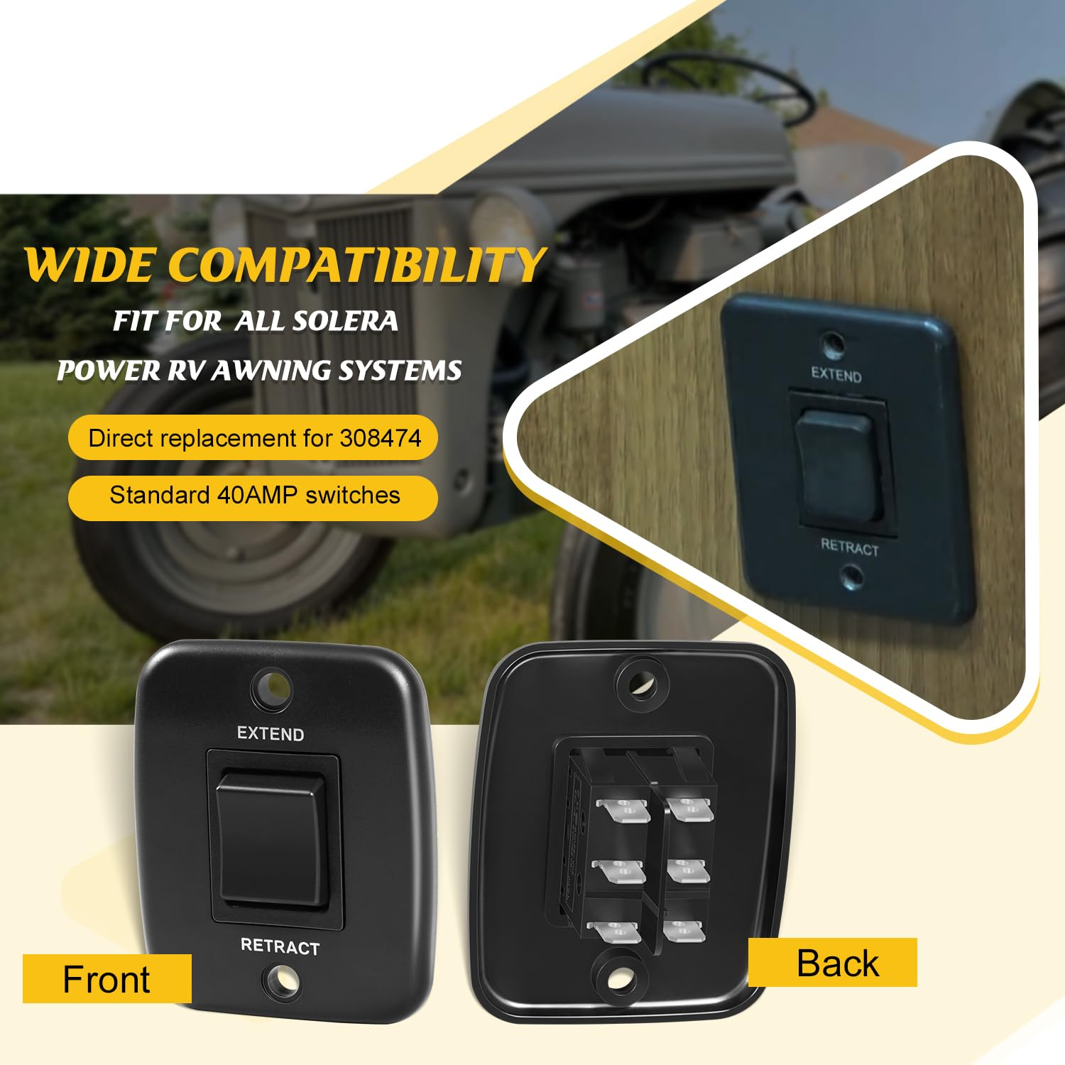 40 AMP RV Awning Interior Switch Kit with Plate Replacement for All Solera Power Awning | Replace for 308474 Push-Button Operation to Extend/Retract Awning&ndash;Durable Plastic, Easy Installation image number 5