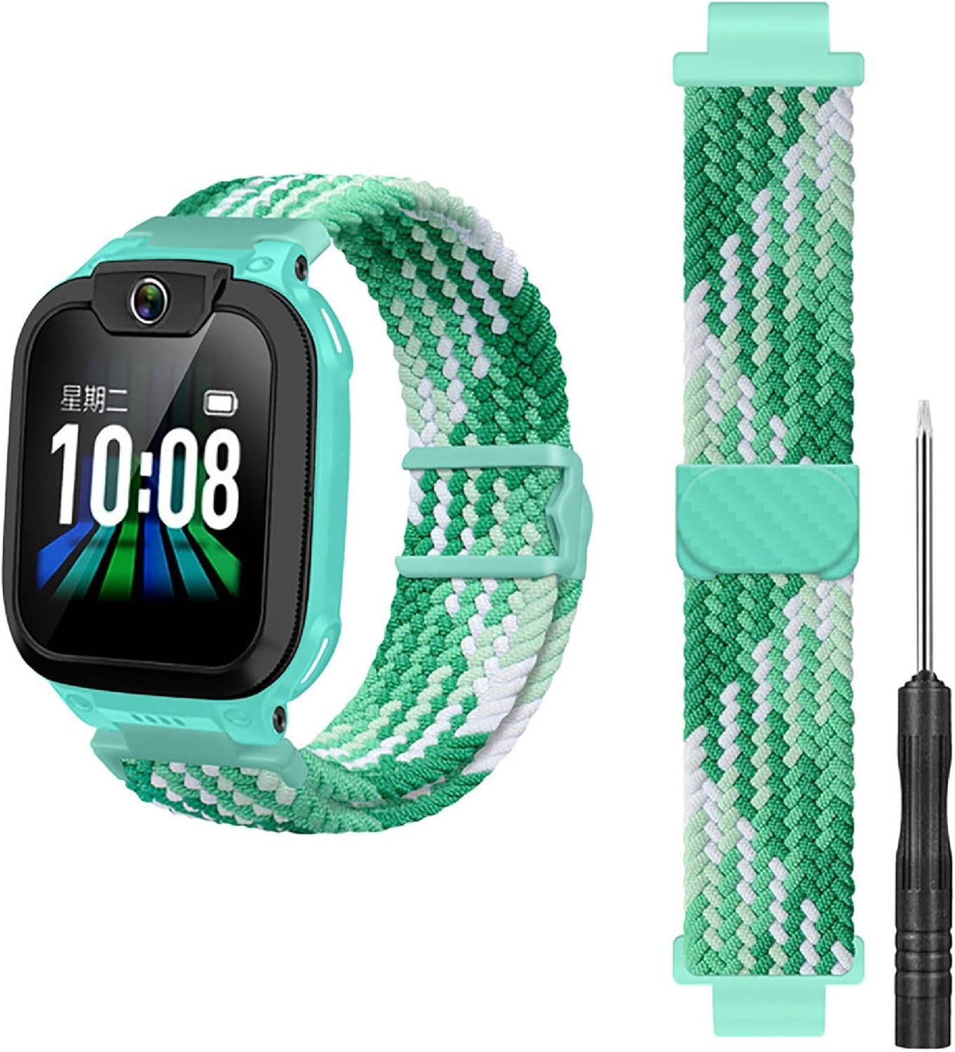 GIOPUEY Strap Compatible with Imoo Watch Phone Z7/Z6, Braided Nylon Strap [Unisex] Elastic Replacement Strap - Rainbow Colours - Black image number 4