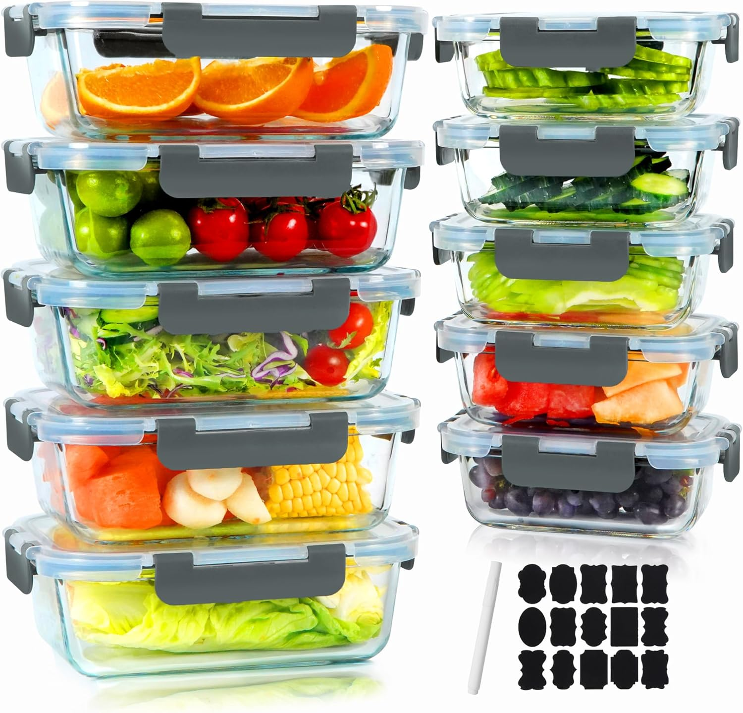 Welbellete 10 Pack Glass Food Storage Containers with Snap Lids (1040ML & 370ML) - Airtight Glass Meal Prep Containers, Leakproof Glass Lunch Containers for Microwave, Oven, Freezer and Dishwasher image number 4