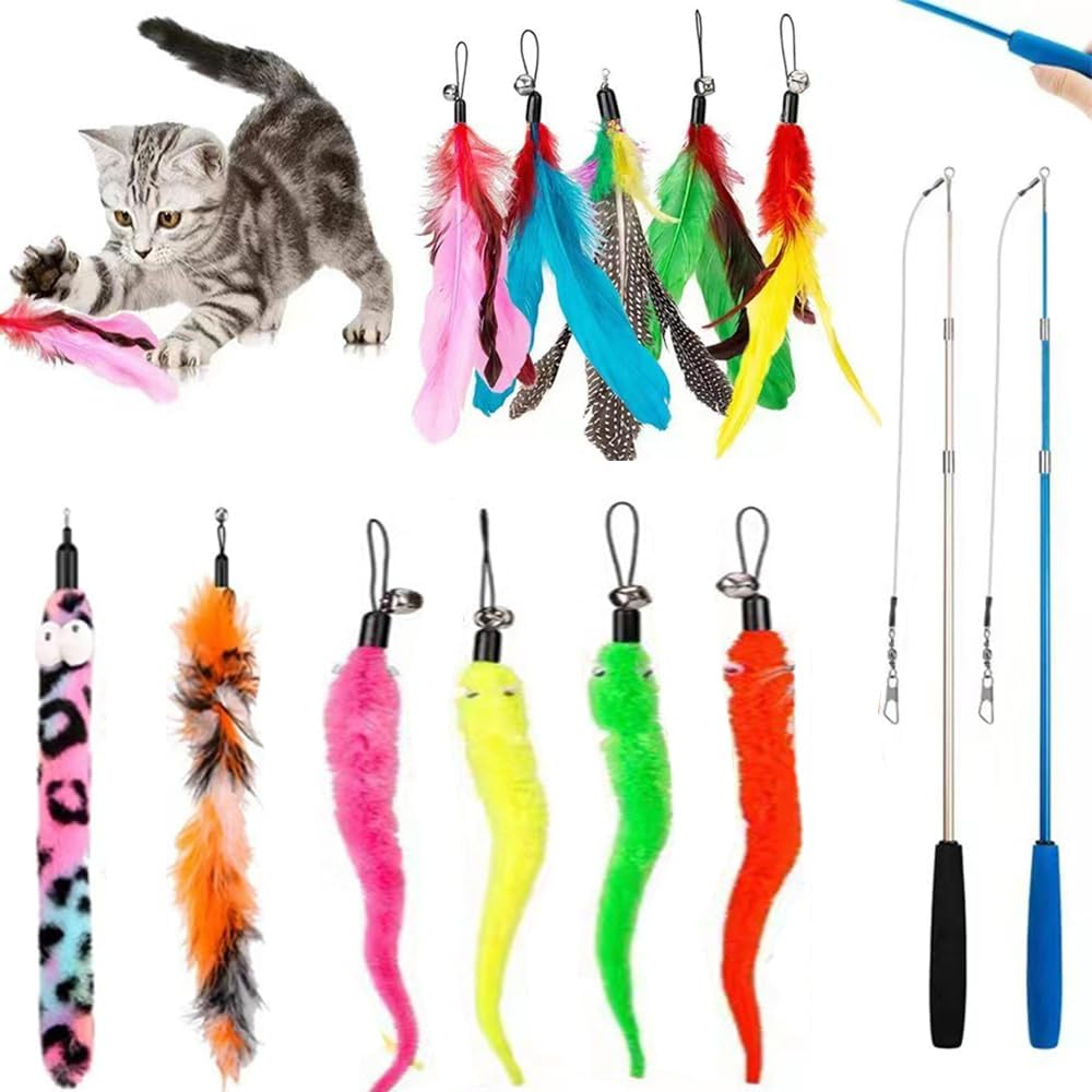 YJSPARKK 13PCS Cat Feather Toys,Interactive Cat Teaser Toy,2 Retractable Wands 11 Replacement Heads Refills for Indoor Kitten to Chase and Exercise image number 5