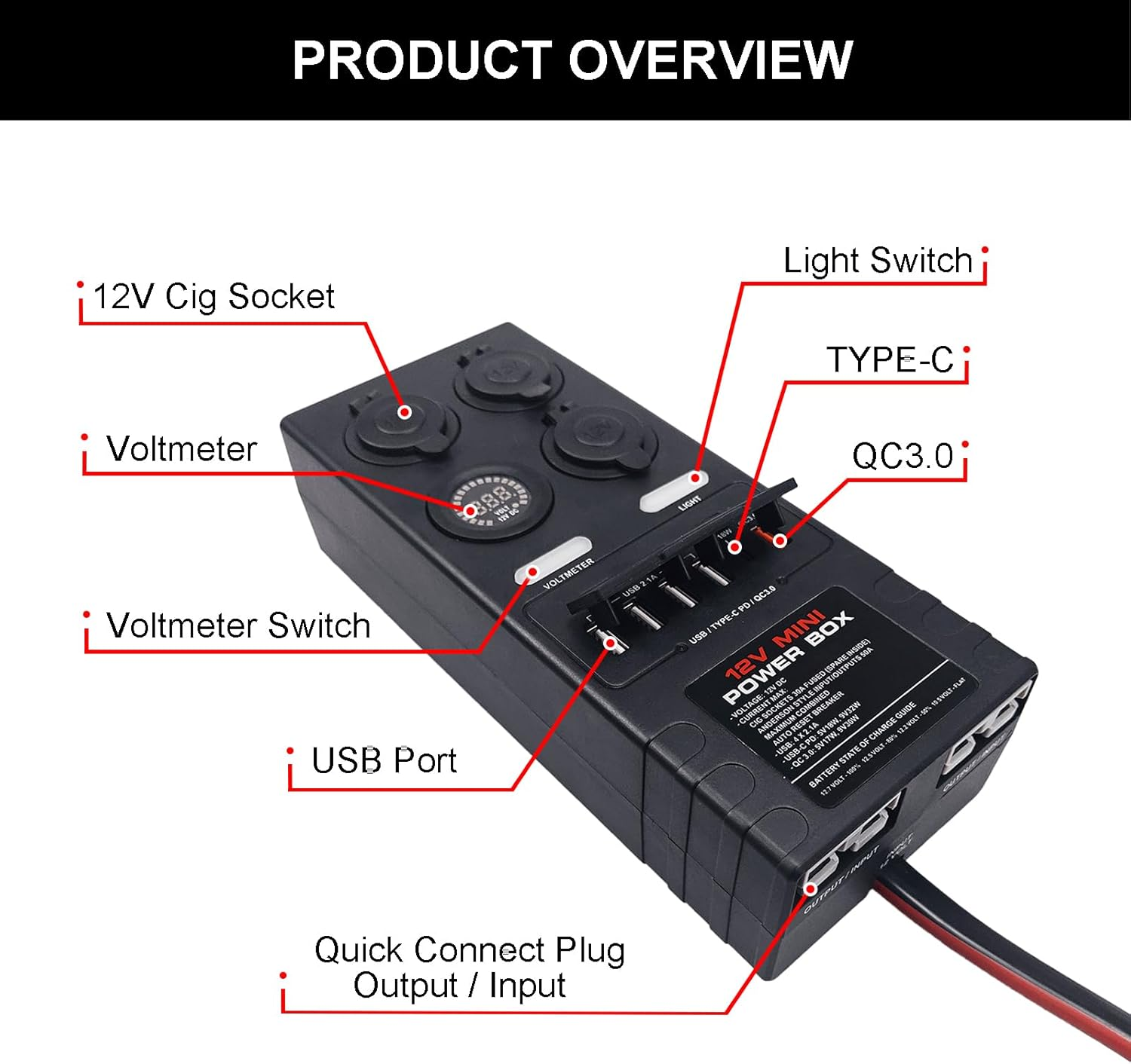 Mini Power Distribution Box 12V DC Battery Socket Max. 50A Current with 2 X Anderson, 6 X USB & 3 X Cig Sockets, Mini Battery Box for Outdoors RV Camping Fishing Emergency image number 5