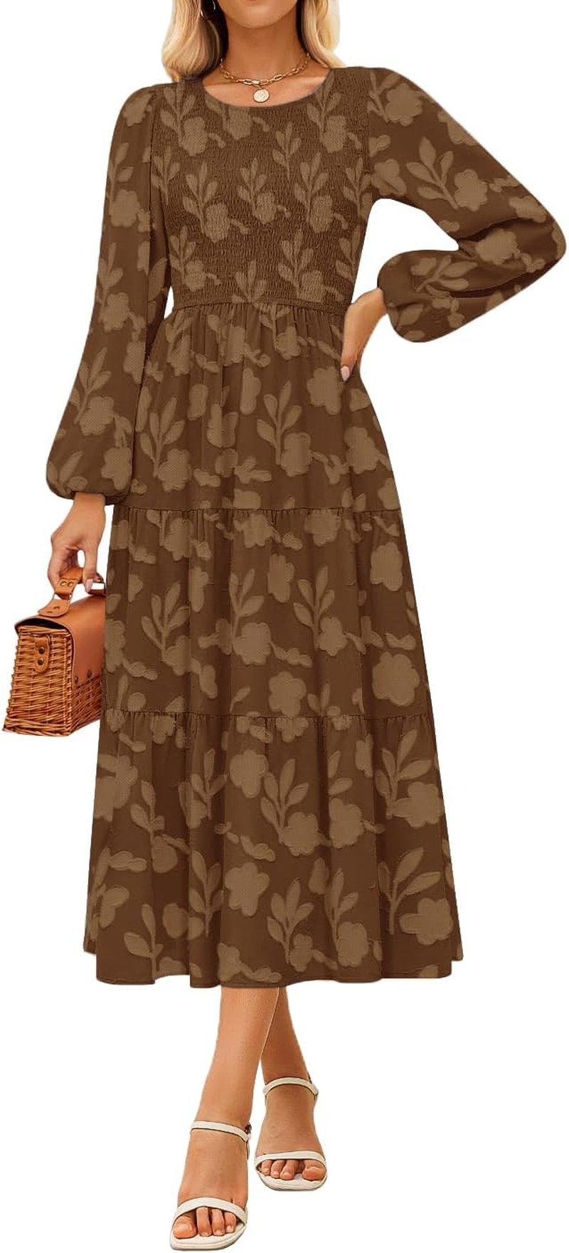 Women'S Nursing Dresses Fall Boho Floral Maxi Dress Breastfeeding Long Sleeve Crewneck Wedding Guest with Pockets image number 4