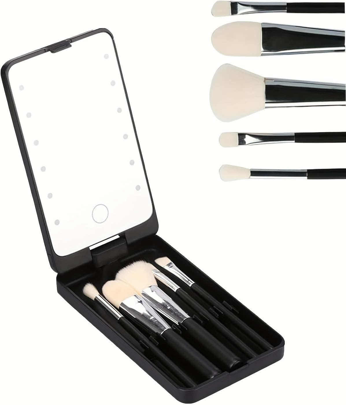 LED Portable Makeup Mirror with 5 Brushes, Rechargeable Travel Mirror Kit, Touch Sensor, Bright Adjustable Lighting, Compact Storage Case (Black) image number 2