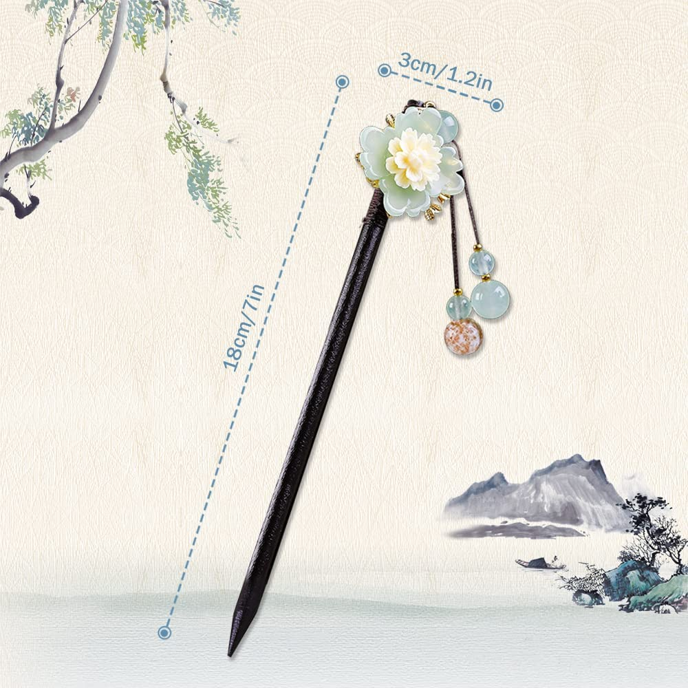 2 Pcs Wooden Chinese Hair Sticks for Long Hair, Vintage Retro Hair Chopsticks for Women Bun, Elegant Flower Tassel Chinese Hair Pins Chignon image number 6
