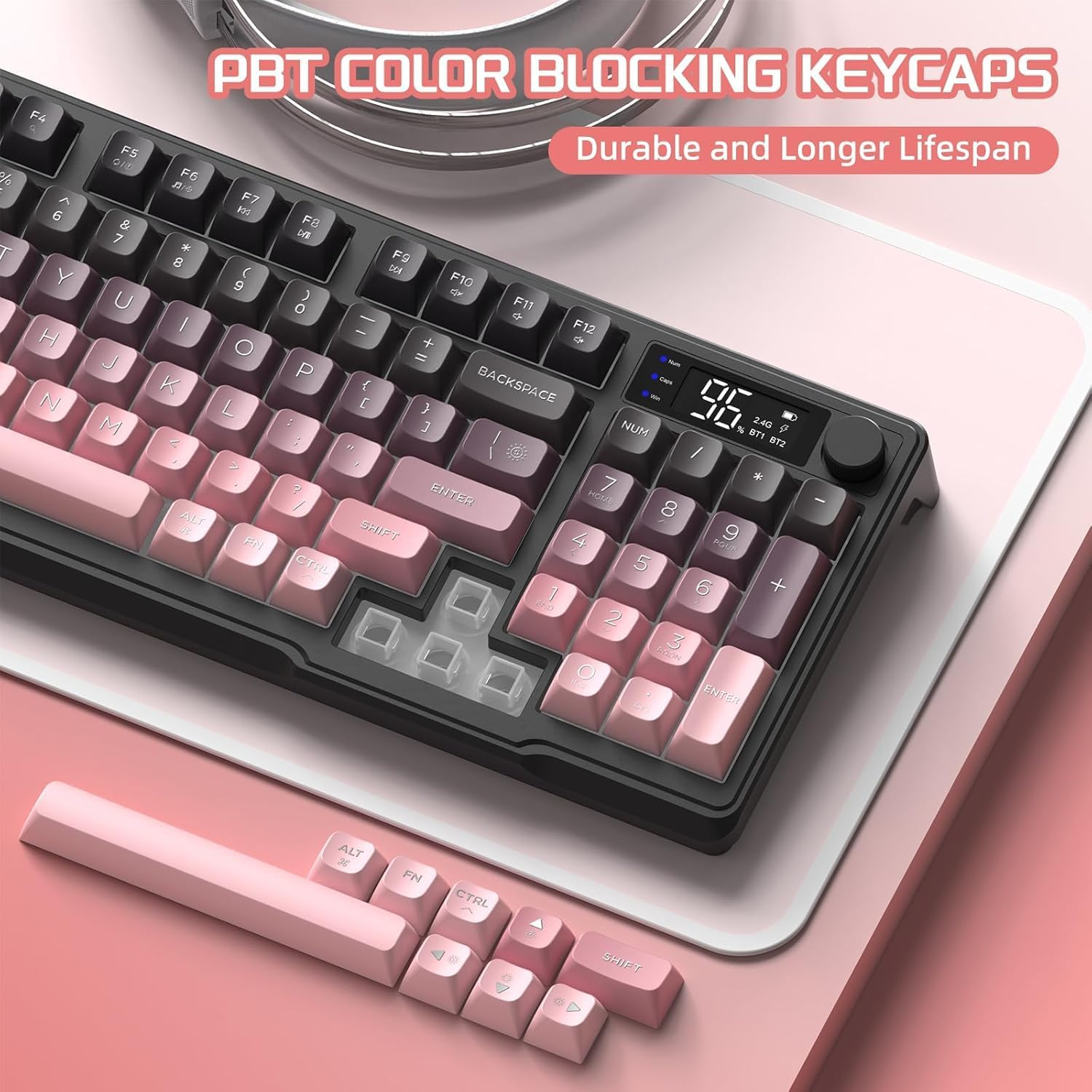 FREEWOLF M96 Wireless Gaming Keyboard Creamy Membrane with Rainbow Backlight,Media Knob,Lcd Screen,Dual Mode-Bluetooth/2.4Ghz,Ball Shape PBT Keycap 94 Key ANSI Layout for Win Mac PC Gamer(Blackberry) image number 3
