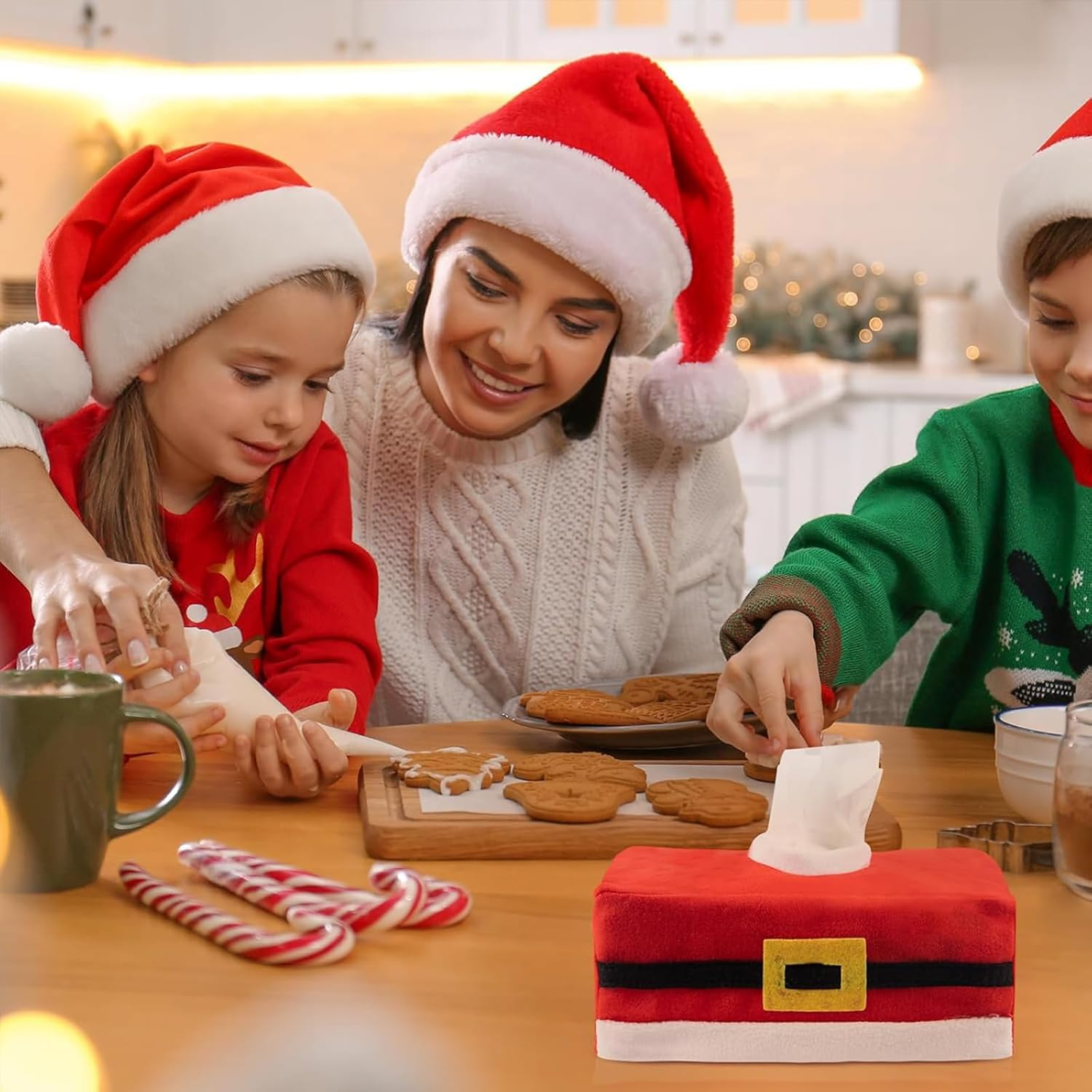 2 Packs Christmas Tissue Box Covers, Rectangular Santa Belt Paper Towel Holders, Festive Tissue Box for Car, Living Room, Kitchen and Holiday Decorations image number 6