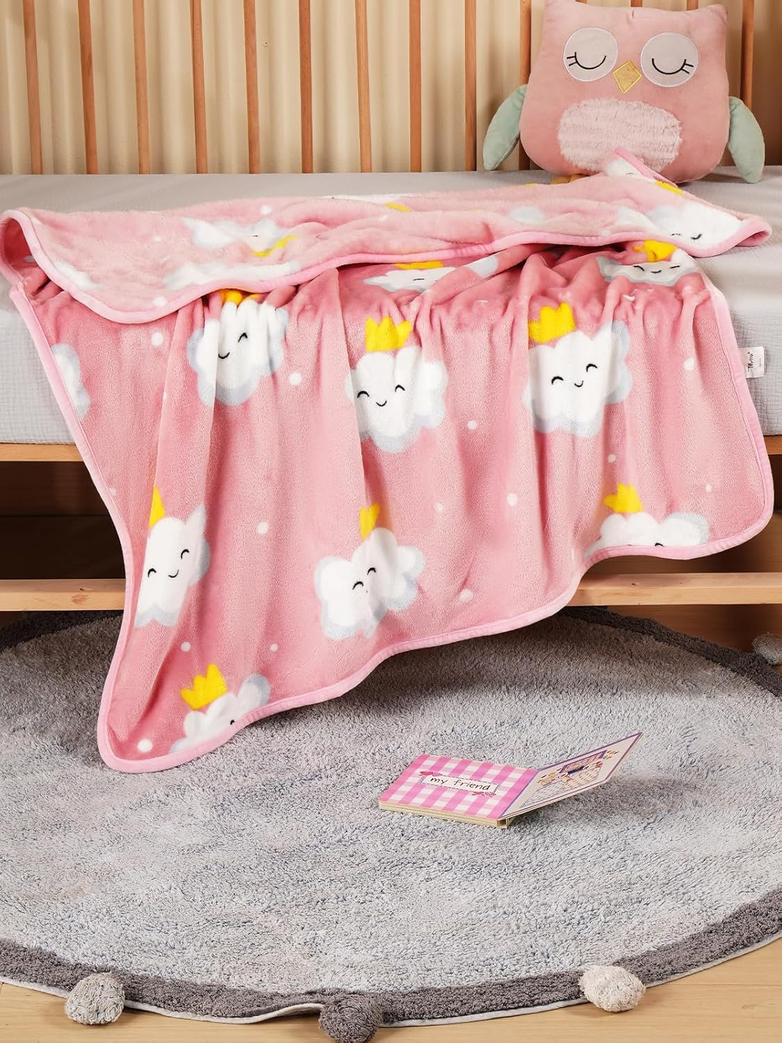 TILLYOU Toddler Flannel Blanket - Warm Cozy Baby Blanket for Boys and Girls, Smooth Cute Lightweight Blanket for Bedding Crib Stroller, 40X50 Inches, Pink Cloud image number 3