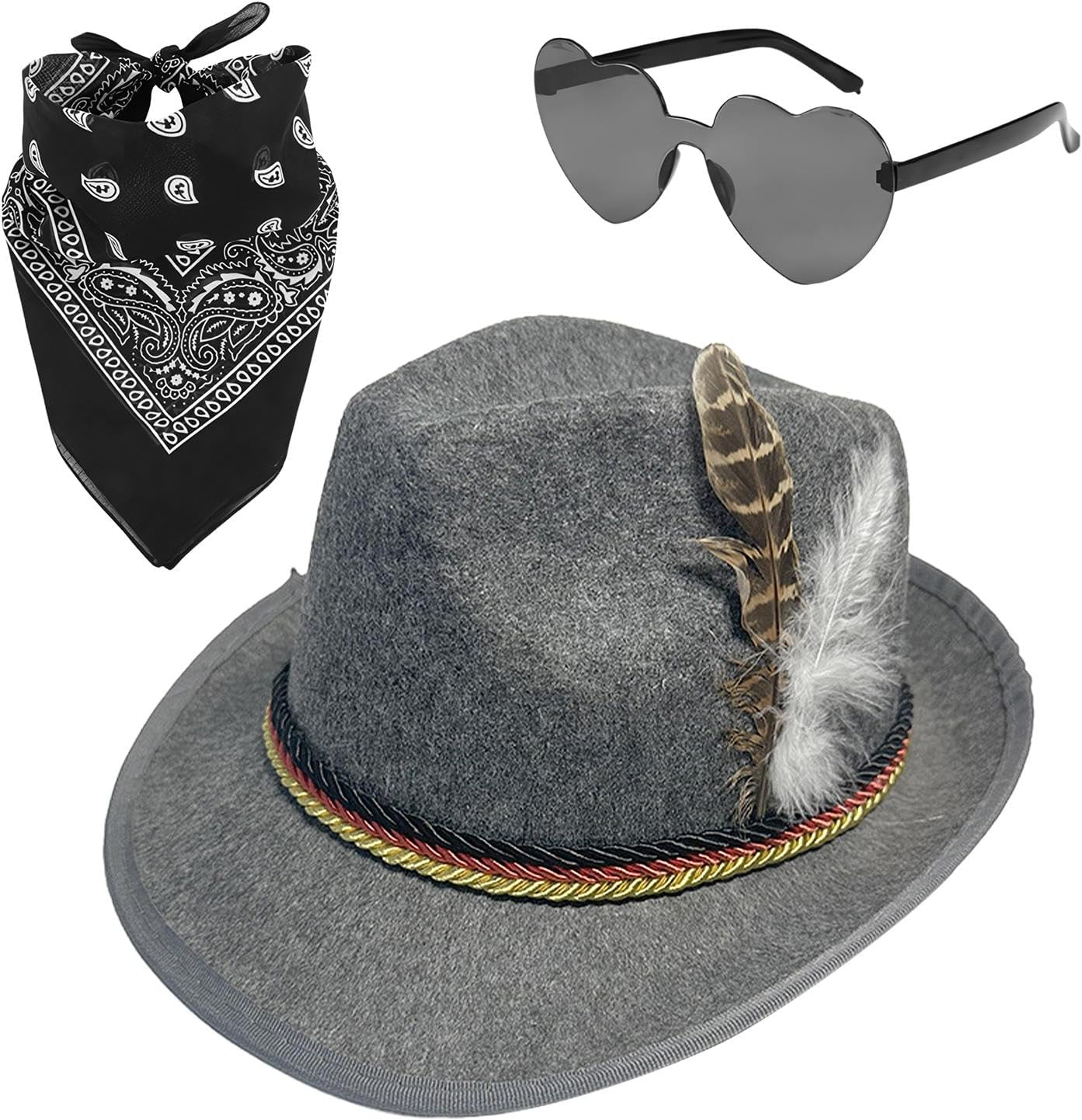 Alpine Hat - 1Set Fedora Oktoberfest Hat with Headscarf, Eyeglasses,Non-Woven German Hunter Hat, Adult German Alpine Bavarian Hat for Adults Cosplay - Green image number 3