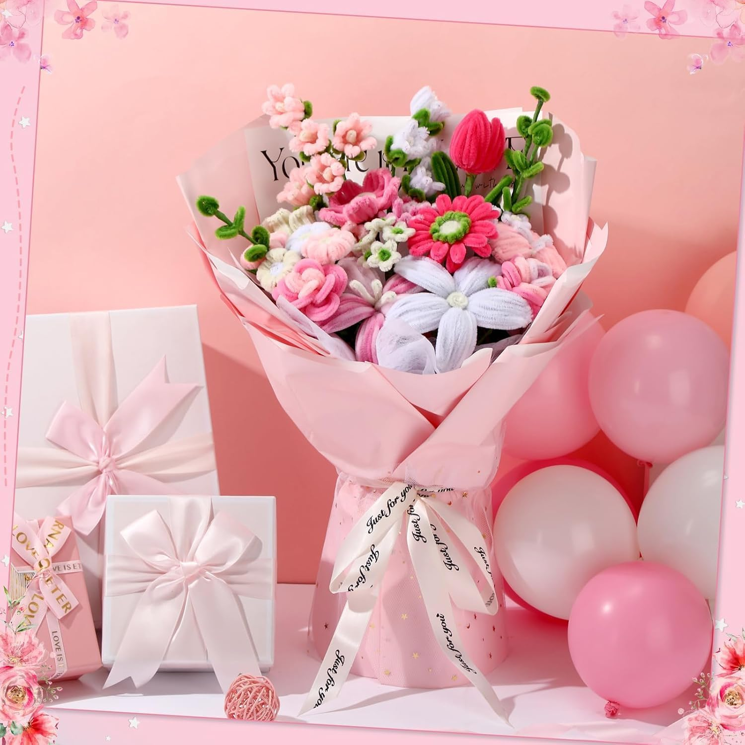 BEANPRECOY 620 Pieces Pipe Cleaners Craft Set 600 Pcs Pastel Chenille Stems with 20 Pcs Flower Stems Craft Supplies Bulk for DIY Art and Craft Projects Creative Wrapping Party Decorations(Pink Series)