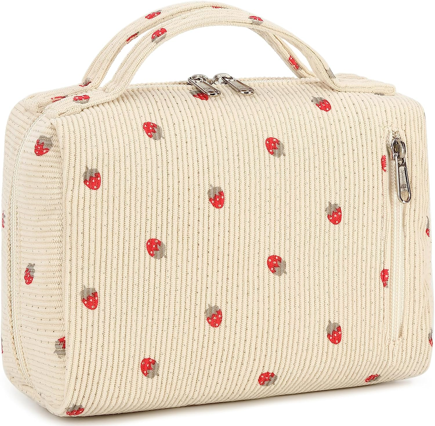 Bluboon Makeup Bag Zipper Pouch Travel Portable Cosmetic Bag Organizer for Women and Girls, Beige Strawberry Corduroy, Strawberry Corduroy Beige Cosmetic Bag