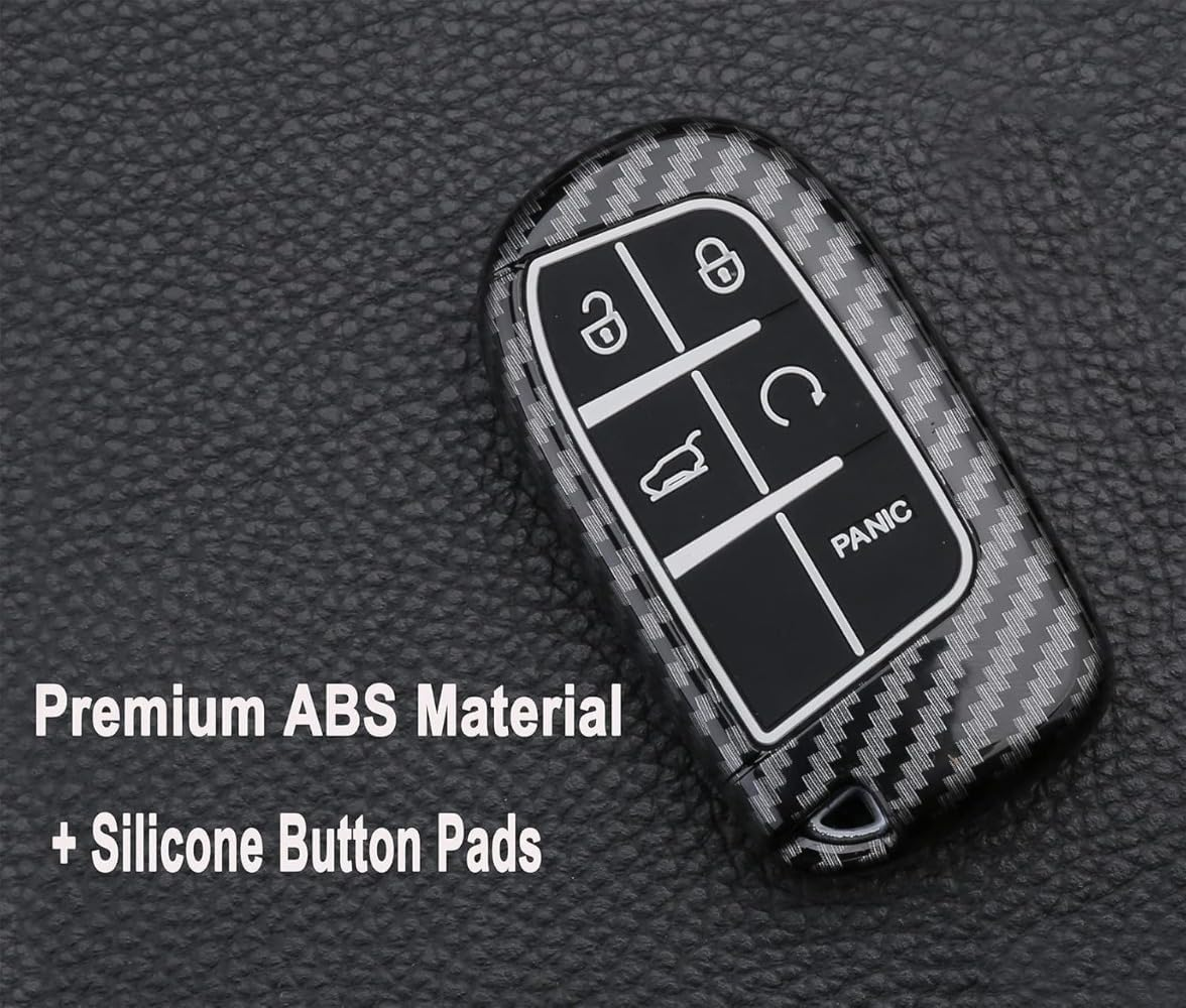 5 Buttons Carbon Fiber Style Key Fob Cover Case Fit for Jeep Grand Cherokee Renegade Chrysler 200 300 Dodge RAM Durango Charger Challenger Journey Dart Fiat Keyless Entry Remote Case Holder (Black) - Blue image number 2