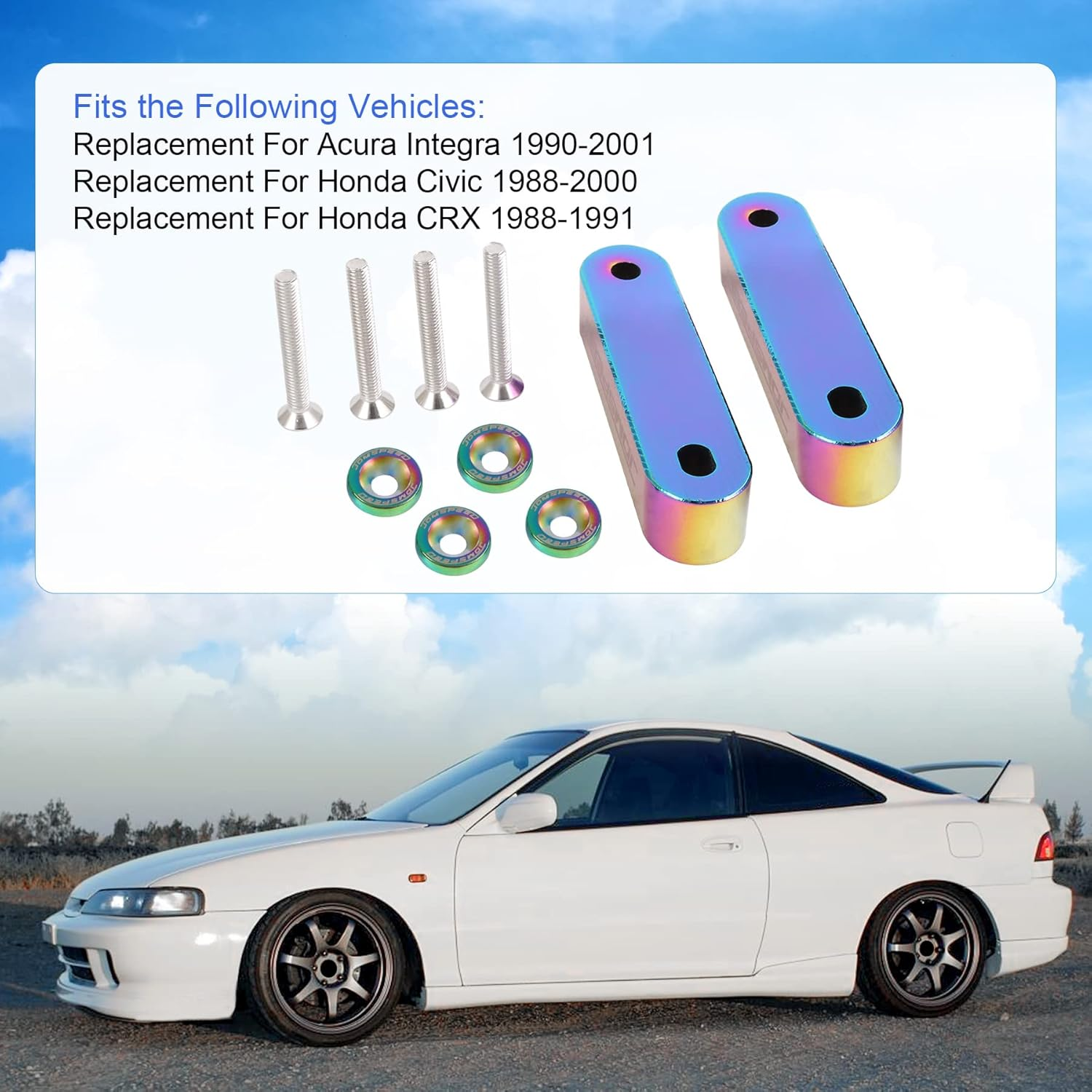 JDMSPEED Neo Chrome CNC Billet 3/4" Replacement for Hood Vent Spacer Riser Kit + Bolts + Washers - Neo Chrome image number 4