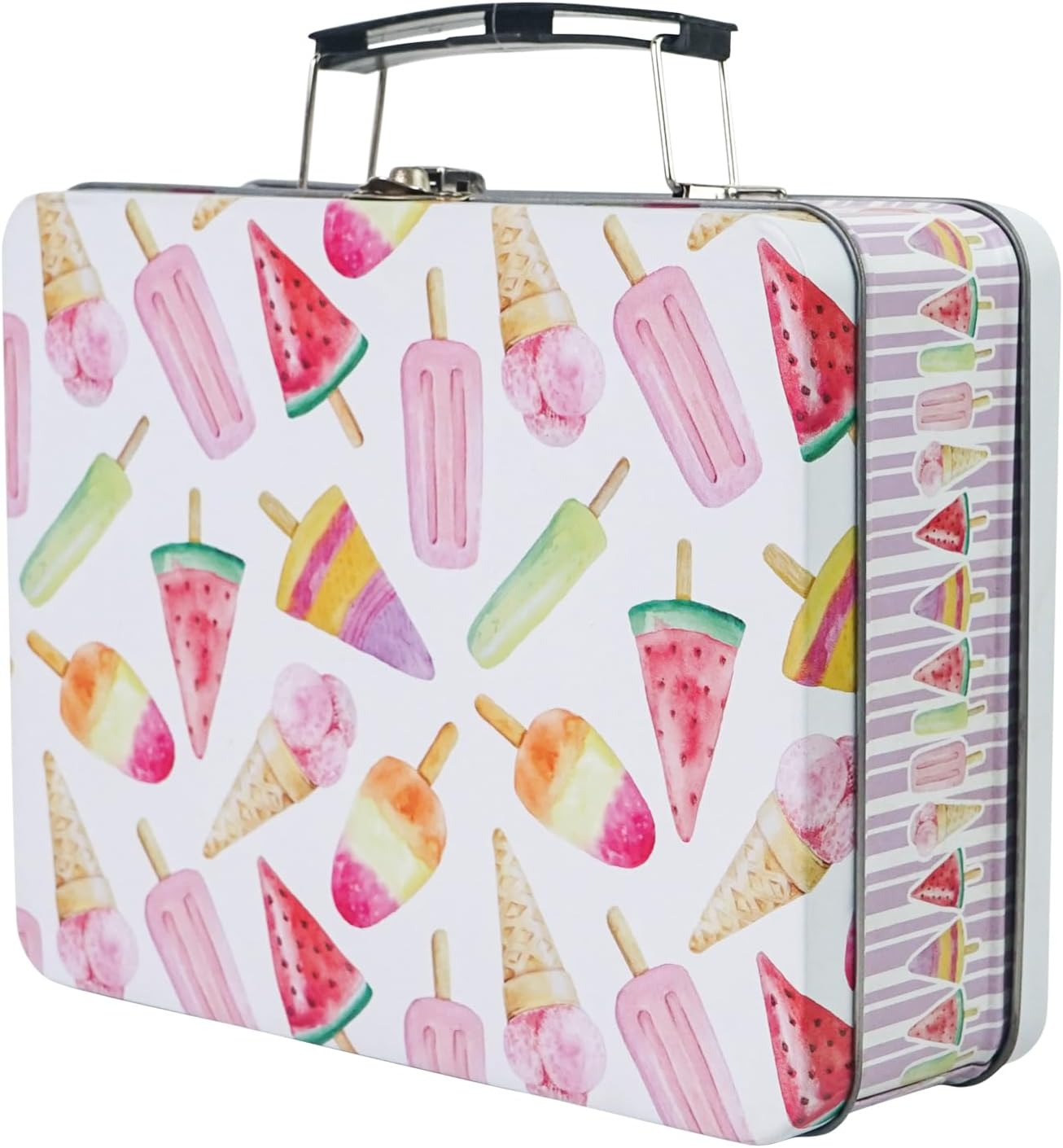 Luwint Tin Storage Box with Handle Small Metal Fun Box Cute Sturdy Tin Box Decorative Keepsake Case with Lid (Ice Cream)