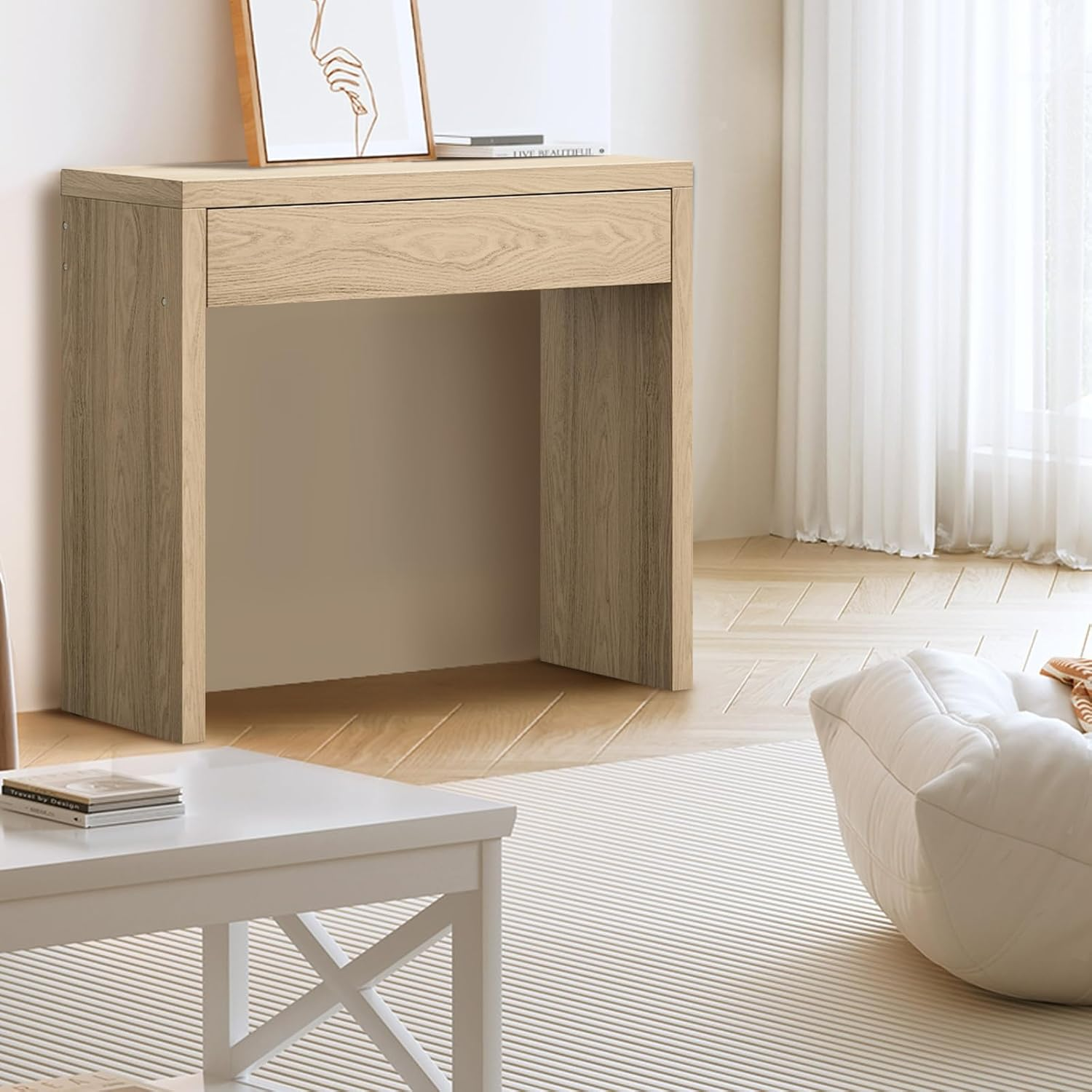 Oikiture Console Table with Storage Drawer Hallway Table- Wood image number 4