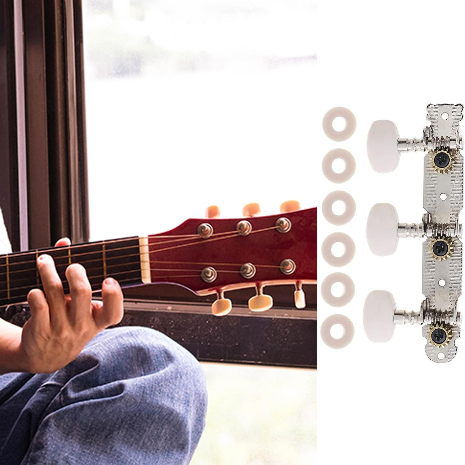 1Pairs Guitar String Tuning Pegs Tuning Keys Machine Heads Tuning Machines for Classical Guitar Chrome Plated 3R3L on a Plank with Acrylic Button Compatible with Classical Guitar image number 2