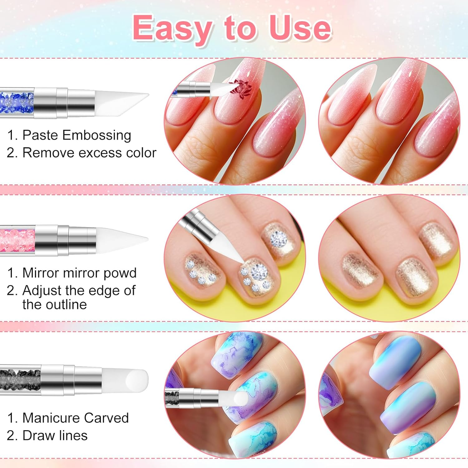 3 Pcs Nail Art Sculpture Pen, Dual Tipped Silicone Nail Tools, Silicone Head Acrylic Handle Nail Art Brushes, Rhinestone Nail Polish Carving Pen, Nail Art Tools for Home Salon(Black, Pink, Royal Blue)