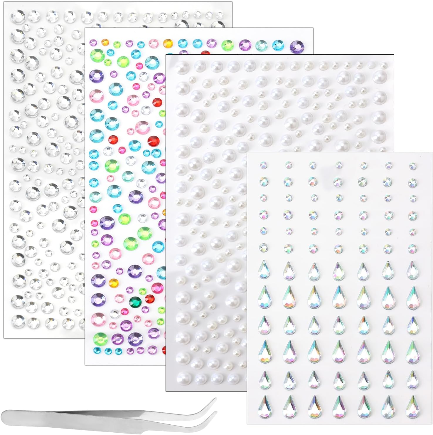1000+ Self-Adhesive Face & Body Gems with Tweezer - Waterproof Rhinestone Stickers for Makeup, Festival, Nail Art & Crafts | Includes Pearls, Drops & Multi-Size Rhinestones + Precision Tool (4 Sheets) image number 5