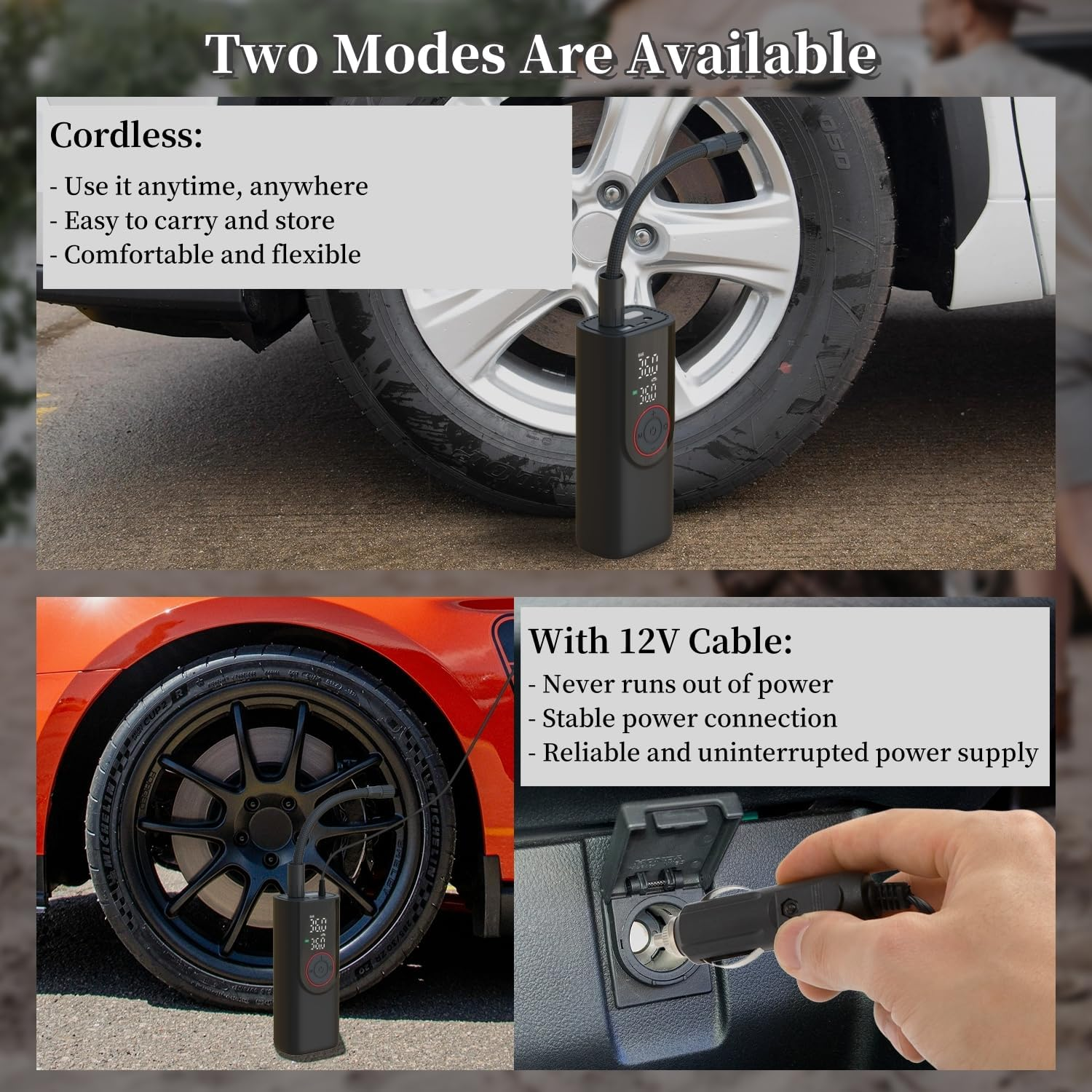 Tyre Inflator Portable Air Compressor, 150PSI 6000Mah Electric Cordless Air Pump with Pressure LCD Digital Pressure Gauge & LED Light, Auto Tyre Pump for Car, Motorcycle, Bike, Ball image number 3