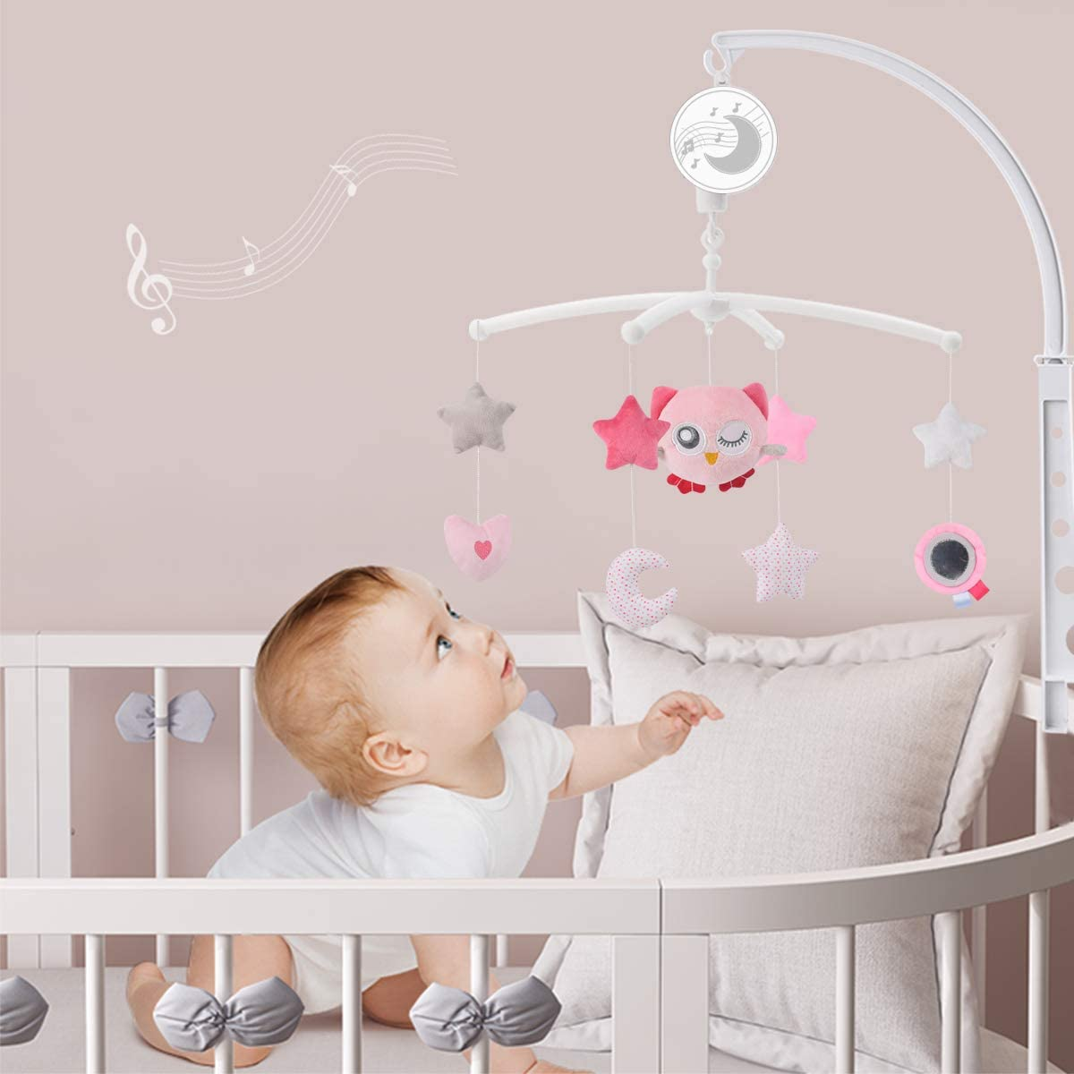 Baby Musical Crib Mobile with Hanging Rotating Plush Pink Owl Pendant Toys, Winding Drive Music Box, Infant Bed Decoration for Newborn Boys and Girls