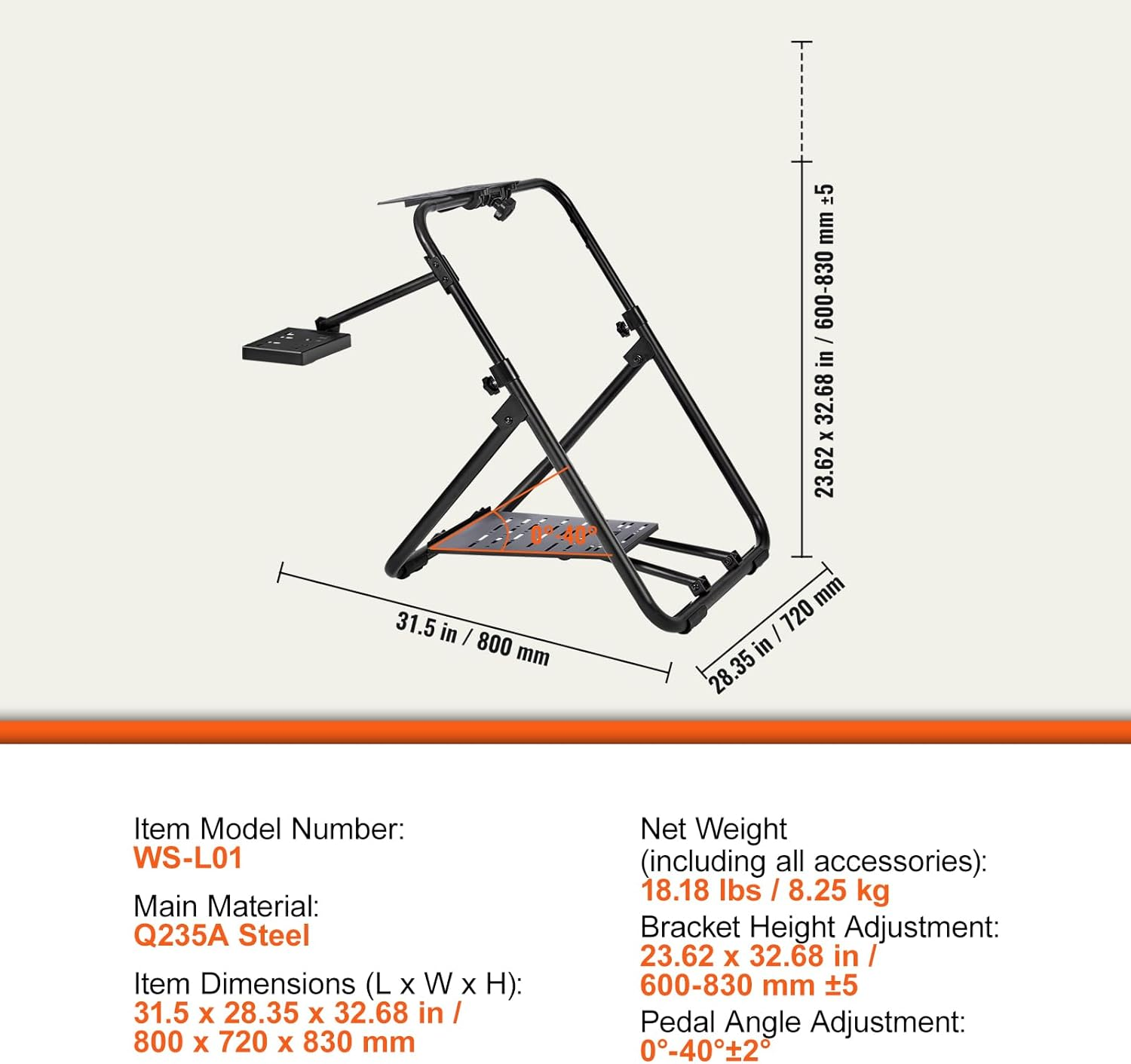 VEVOR Foldable Racing Steering Wheel Stand, Height Adjustable Universal Base Compatible with Logitech & Thrustmaster Racing Wheel and Pedal, Heavy-Duty Frame Standard Gt/Formula Seating Portable image number 4