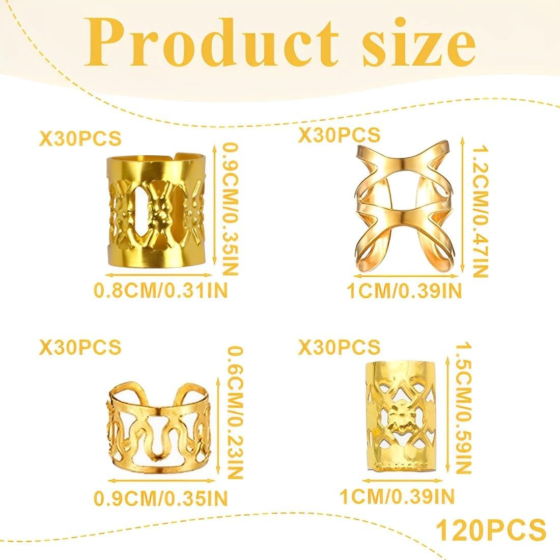 XUKZIMA 120 Pieces Dreadlocks Jewellery Adjustable Metal Cuffs Hair Spiral Clips Dreadlocks Beads Braiding Hair Jewellery for Men and Women Gold image number 2