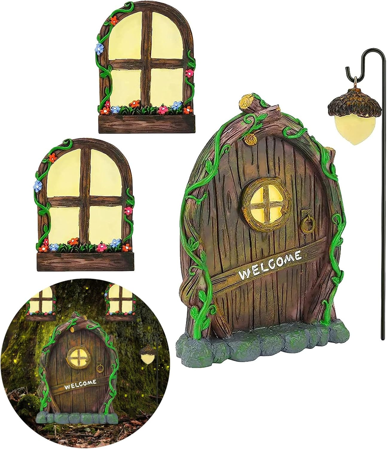 Miniature Fairy Garden Accessories: Glow in the Dark Fairy Door and Windows for Trees, Green Resin Garden Ornament with Lantern