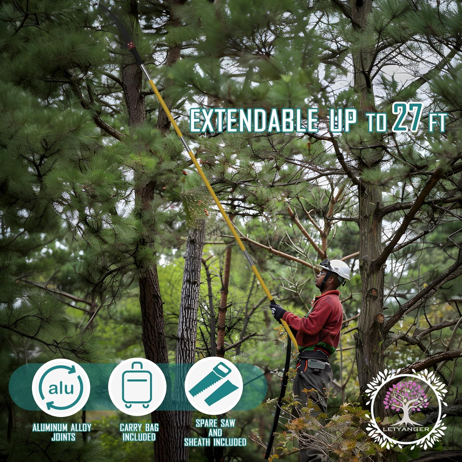 LETYANGER Pole Saws for Tree Trimming, 7.3-27 Ft Extendable Tree Trimmers Long Handle Pruner, Sharp Steel Blade and Scissors High Branches Trimming, Tree Pruner, Tree Saw image number 4