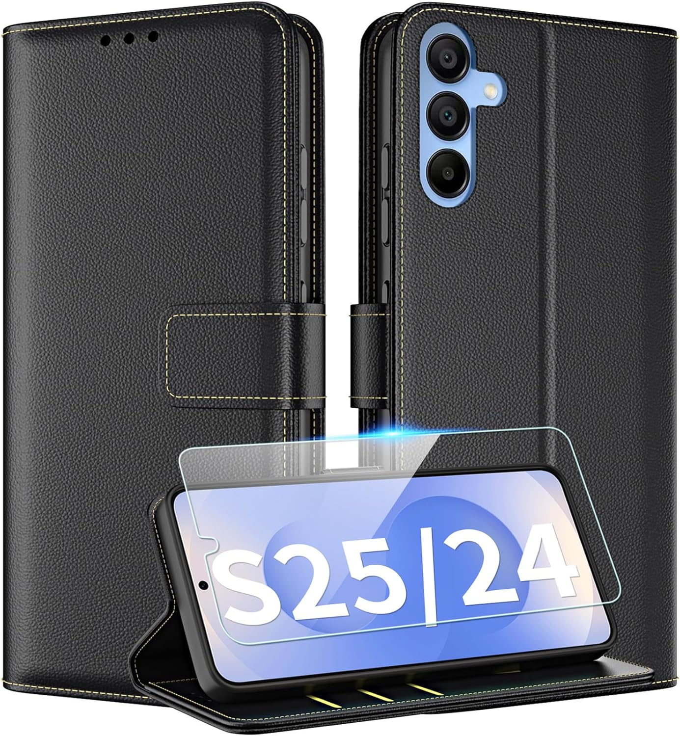 TQIAHF Mobile Phone Case for Samsung Galaxy S25 5G / S24 5G Flip Case with Screen Protector Glass Protection Leather Folding Flip Cover Case Protective Case Card Slot Complete Protection Mobile Phone