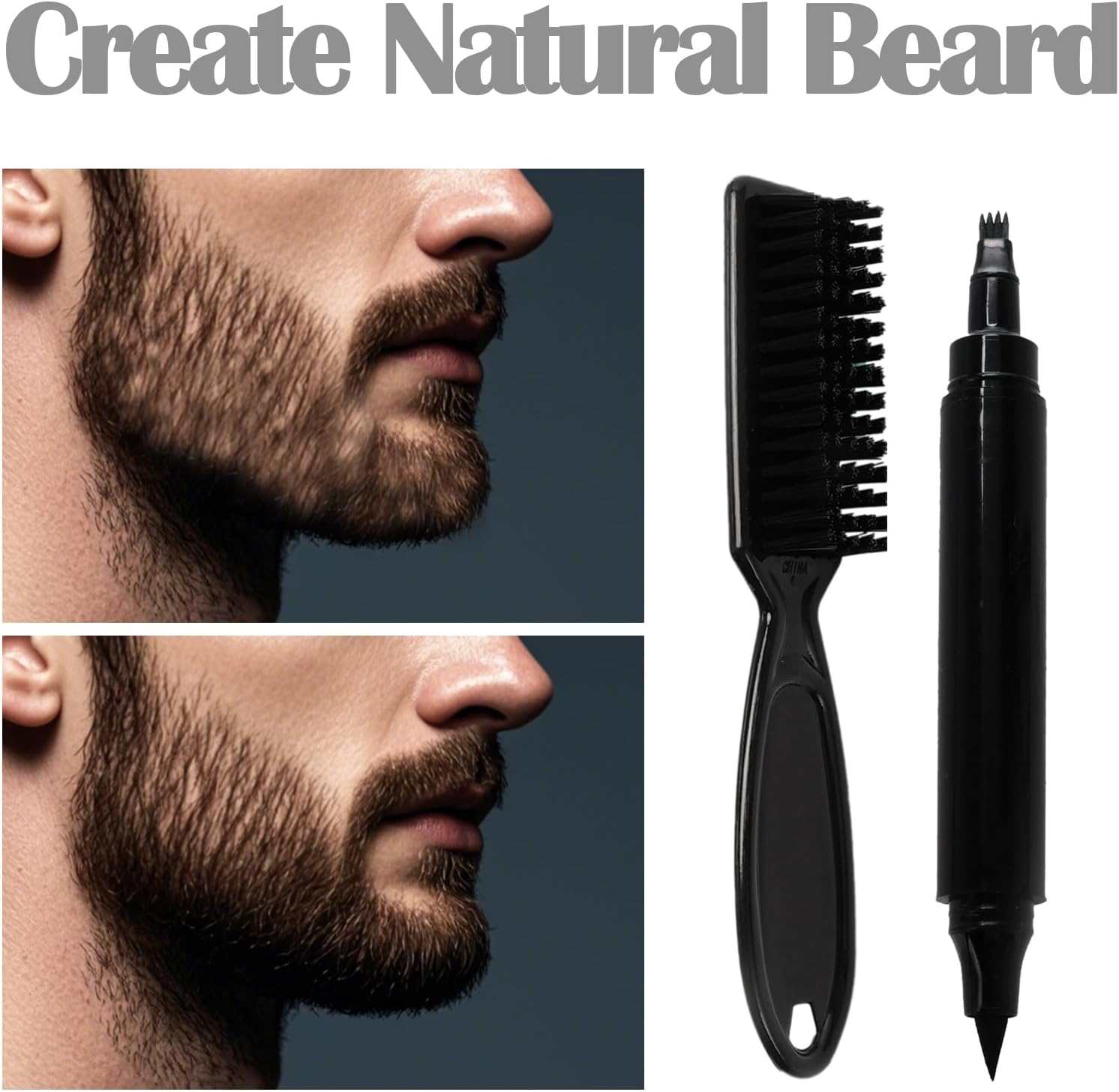 Wowled Beard Pencil Filler for Men, Barber Beard Tint Filling Beard Pen Kit Waterproof Sweatproof for All Hair Types Moustache Eyebrows (Black, #2 Dual-Tip Pen - Pack of 1 Set)