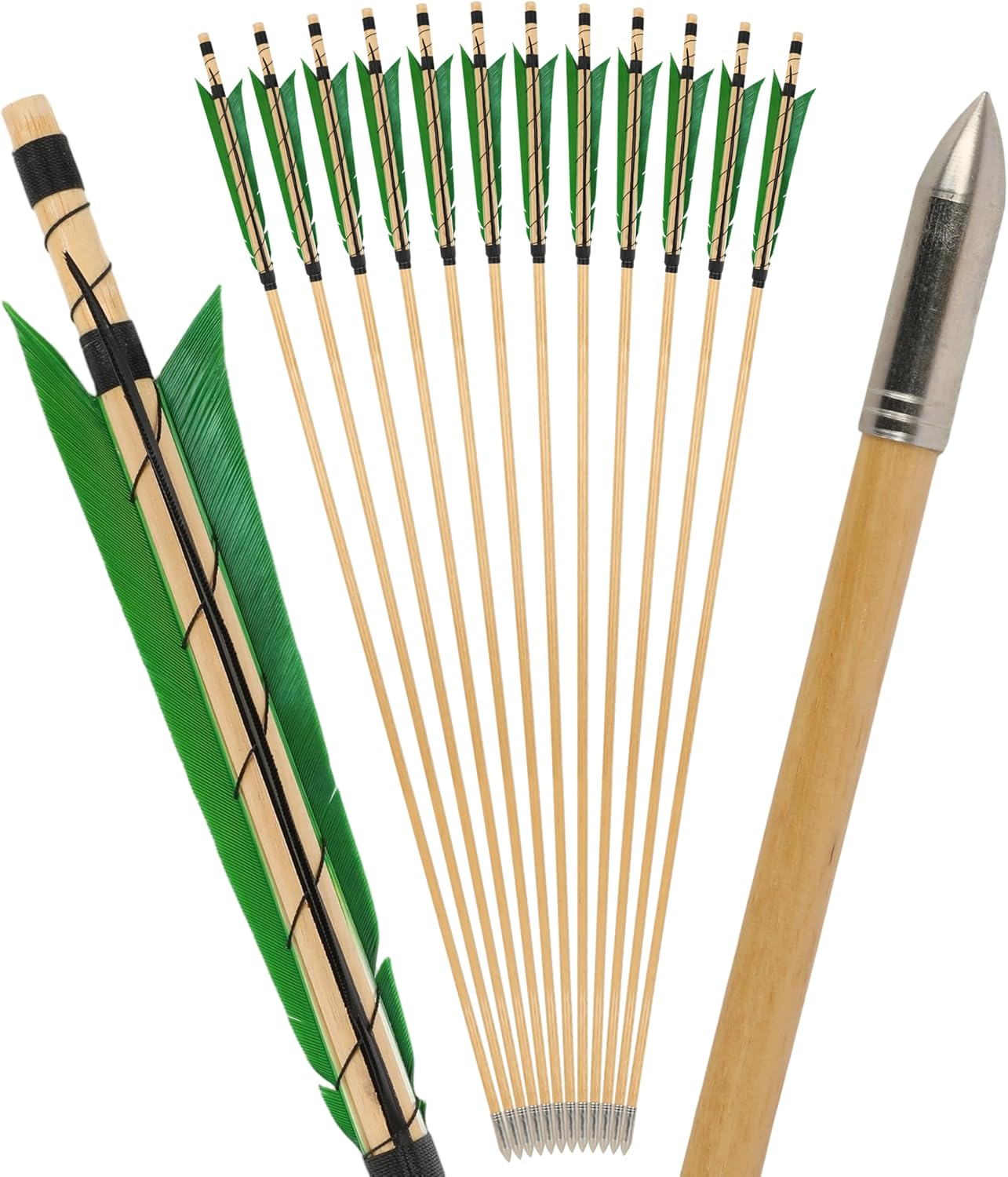 32 Inch Wooden Arrow English Longbow Arrow Target Pracrice Arrow Shaft with 5" Turkey Feather Fletching and Field Point for Recurve Bow Longbow Traditaonal Bow