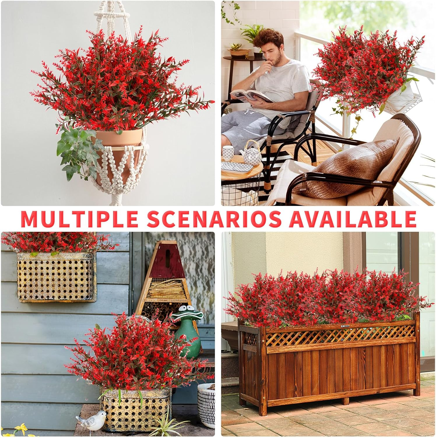 10 Pcs Artificial Flowers Artificial Greenery Lavender Fake Flowers UV Resistant Shrubs Artificial Plants for Indoor outside Garden Home Wedding Farmhouse (Red) - Red image number 6