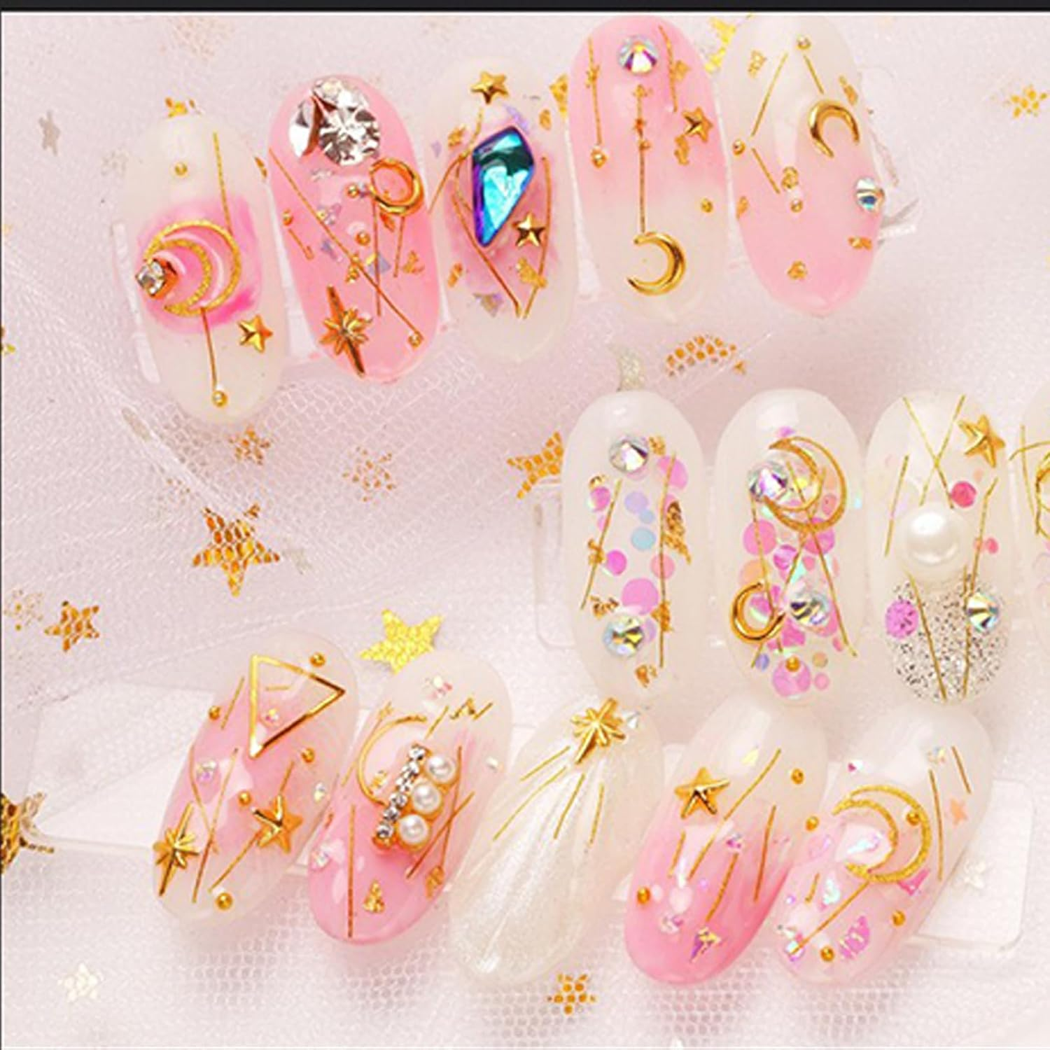 Yeanifeana 2 Boxes Nail Charms, Gold Silver Star Moon Sun Nail Jewelry Decorations, Nail Art Rhinestones for Women Girls DIY Manicure Crafting Decoration image number 2