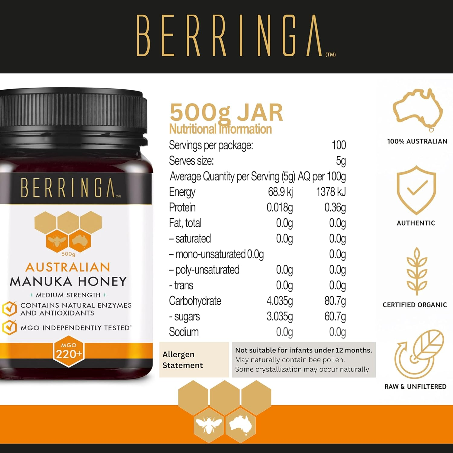 BERRINGA Bioctive Australian Raw Super Manuka Honey MGO 220+ 500G - 100% Pure Independently Tested, Certified, Traceable with Natural Enzymes, Antioxidants, Genuine Natural Superfood, Non GMO image number 2