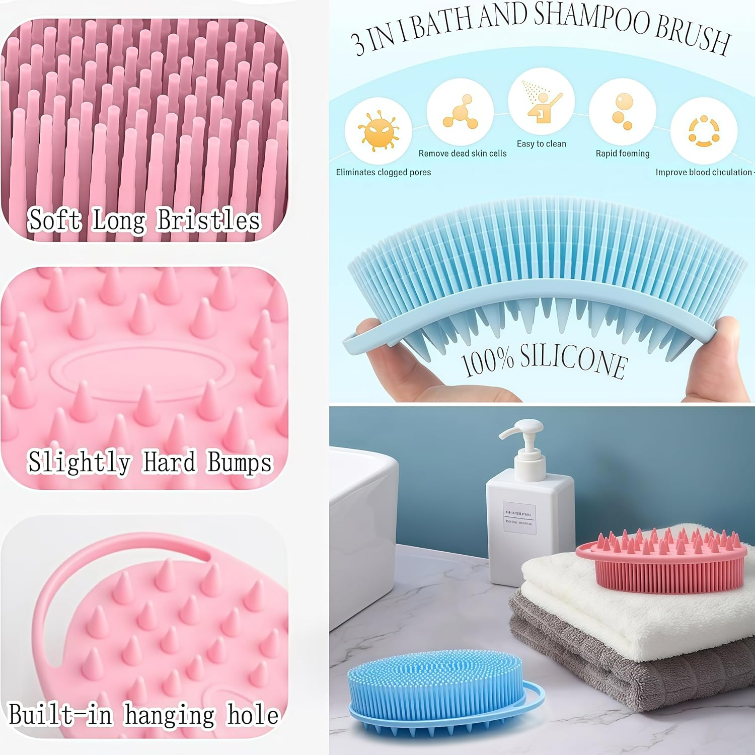 QIAOXUFE 2PCS Silicone Body Scrubber,2 in 1 Bath and Shampoo Body Brush,Exfoliating Body Scrubber for Use in Shower, Premium Silicone Loofah,Scalp Massager, Easy to Clean(Pink,Blue) image number 2