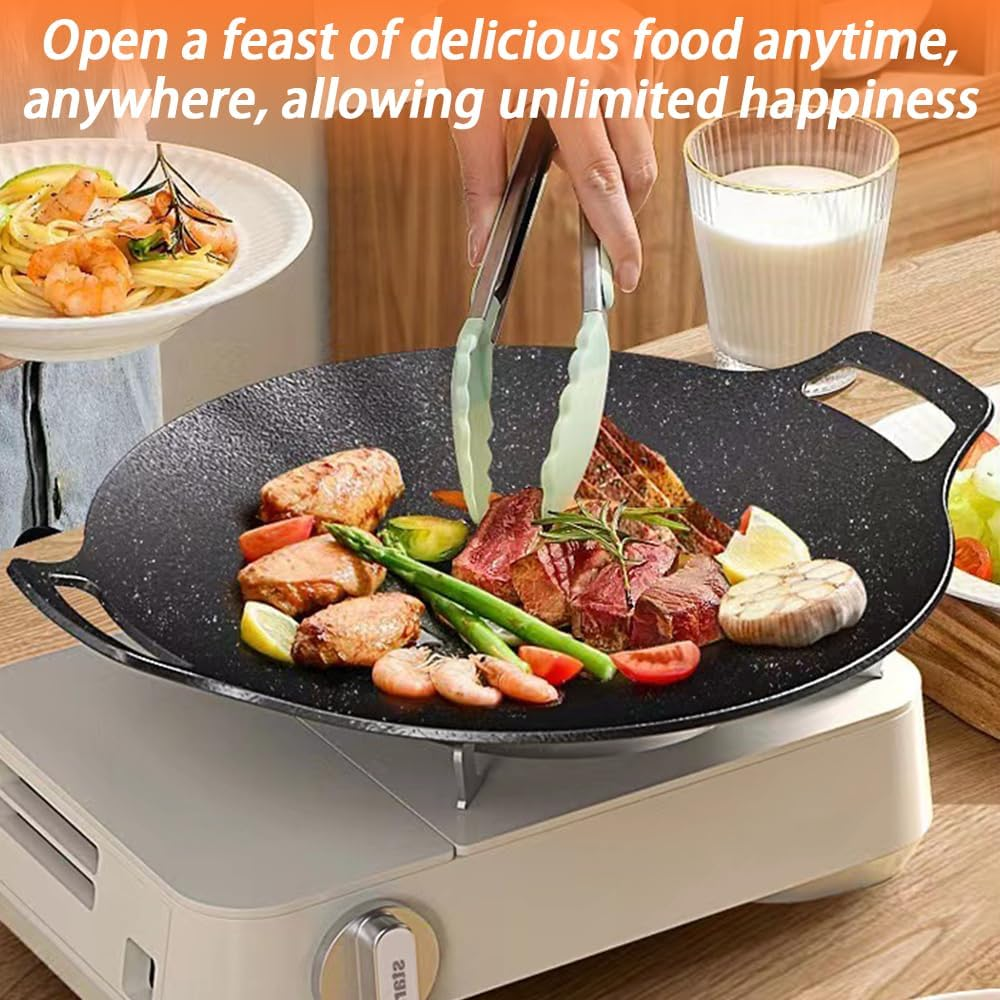 Korean round Grill Pan, BBQ Grill Pan, 36 CM Iron Non Stick Korean Grill Pan for Picnics, Camping, Outdoor, Party Gatherings Black image number 1