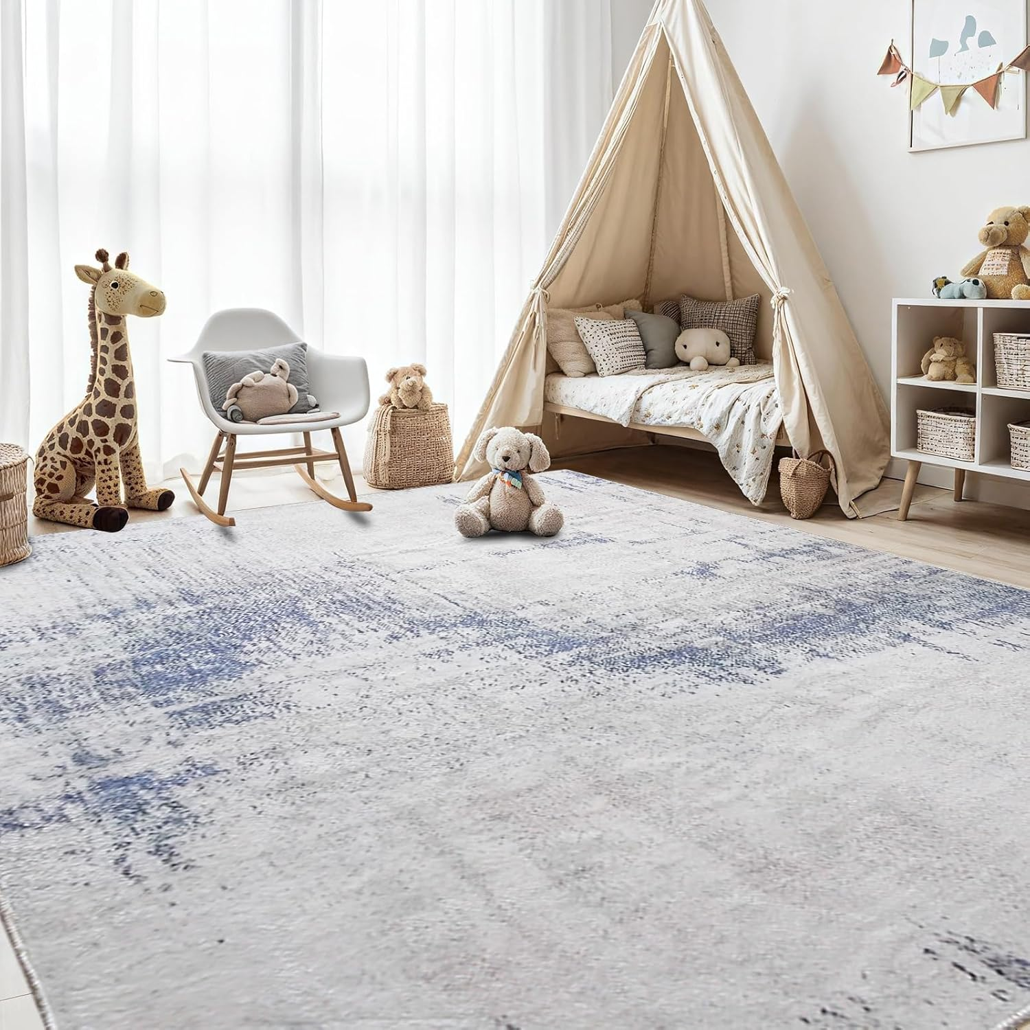 Leesentec Area Rugs for Living Room Non-Slip Machine Washable Rugs for Bedroom Low Pile Blue Rug Distressed Carpet for Kitchen Dining Room Home Office Indoor Floor Mat (Blue/Beige/Grey, 200 * 250 Cm)