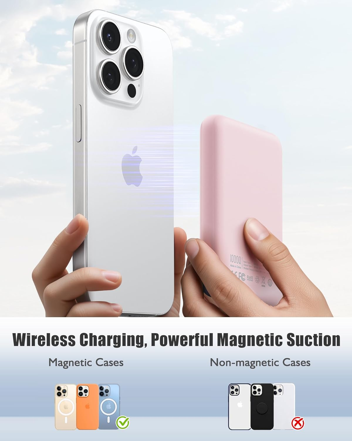 QECVEC Mag-Safe Power Bank - 10000Mah Magnetic Portable Charger with 15W Wireless Fast Charging & 20W PD Wired Charging, Compatible for Iphone 12/13/14/15/16 Series. (Pink) image number 4