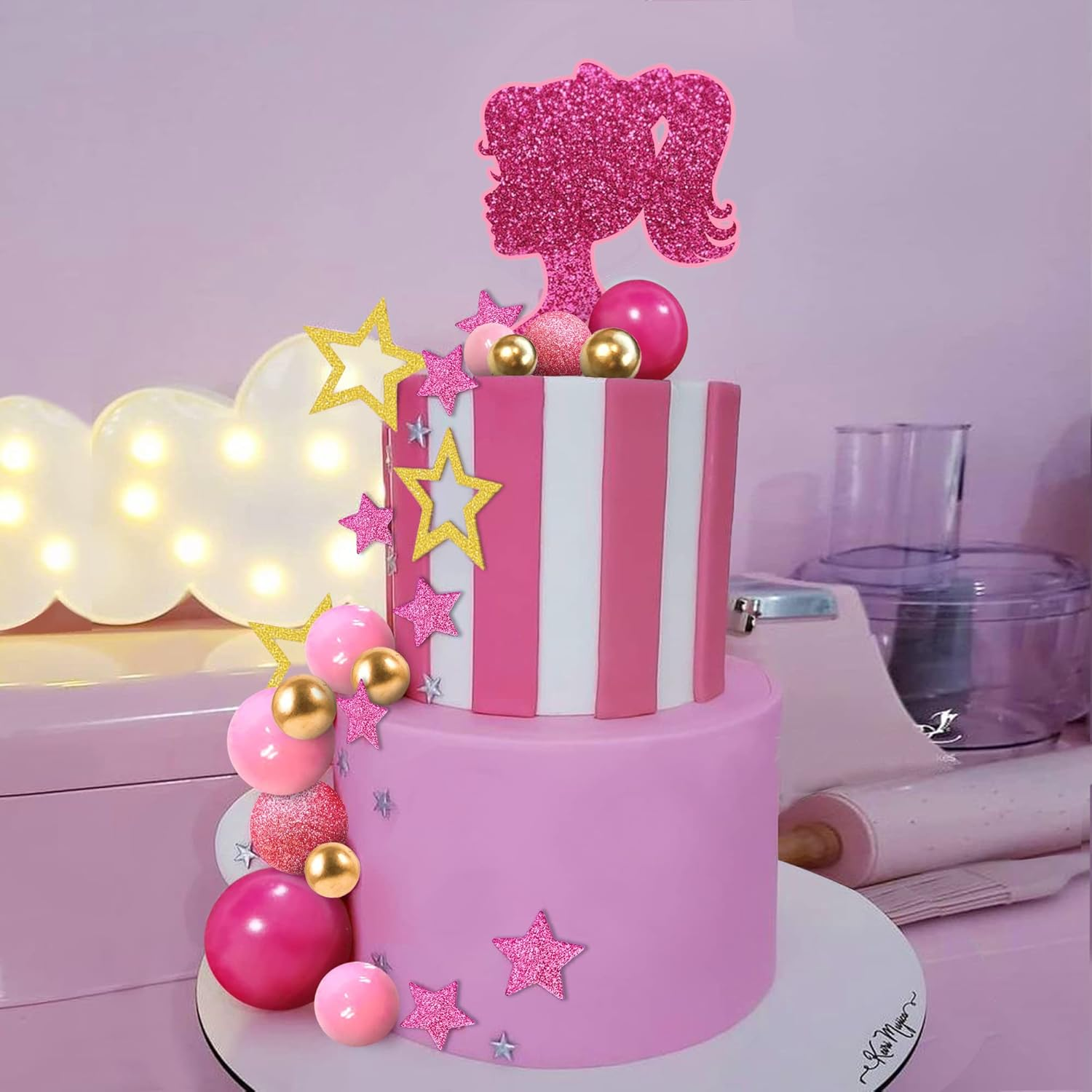 Hot Pink Girl Cake Topper Balls Cake Decorations with Shiny Stars for Wedding Baby Shower Birthday Supplies (Stars) image number 6