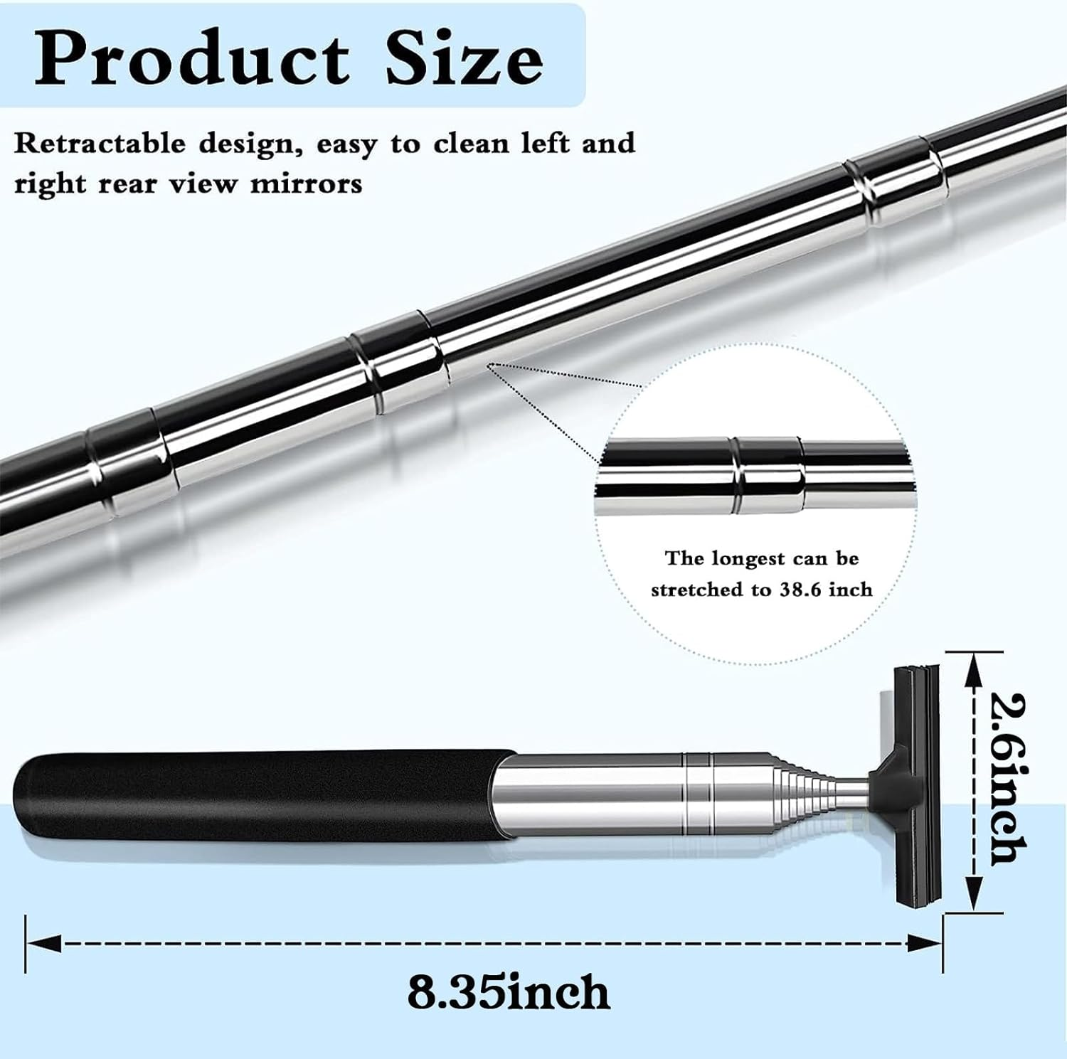 2 Pcs Car Mirror Wiper, 38.6In Handle Car Side Mirror Squeegee, Retractable Car Mirror Squeegee, Side Mirror Squeegee, Mini Squeegee for Rainy Foggy Weather image number 4