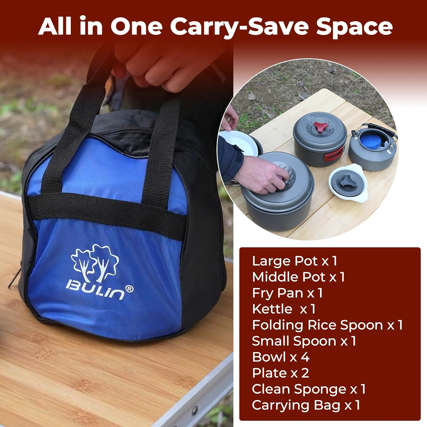 Bulin Camping Cookware Mess Kit Outdoor Backpacking Hiking Gear Cooking Equipment, Lightweight Compact Durable Cook Set image number 2