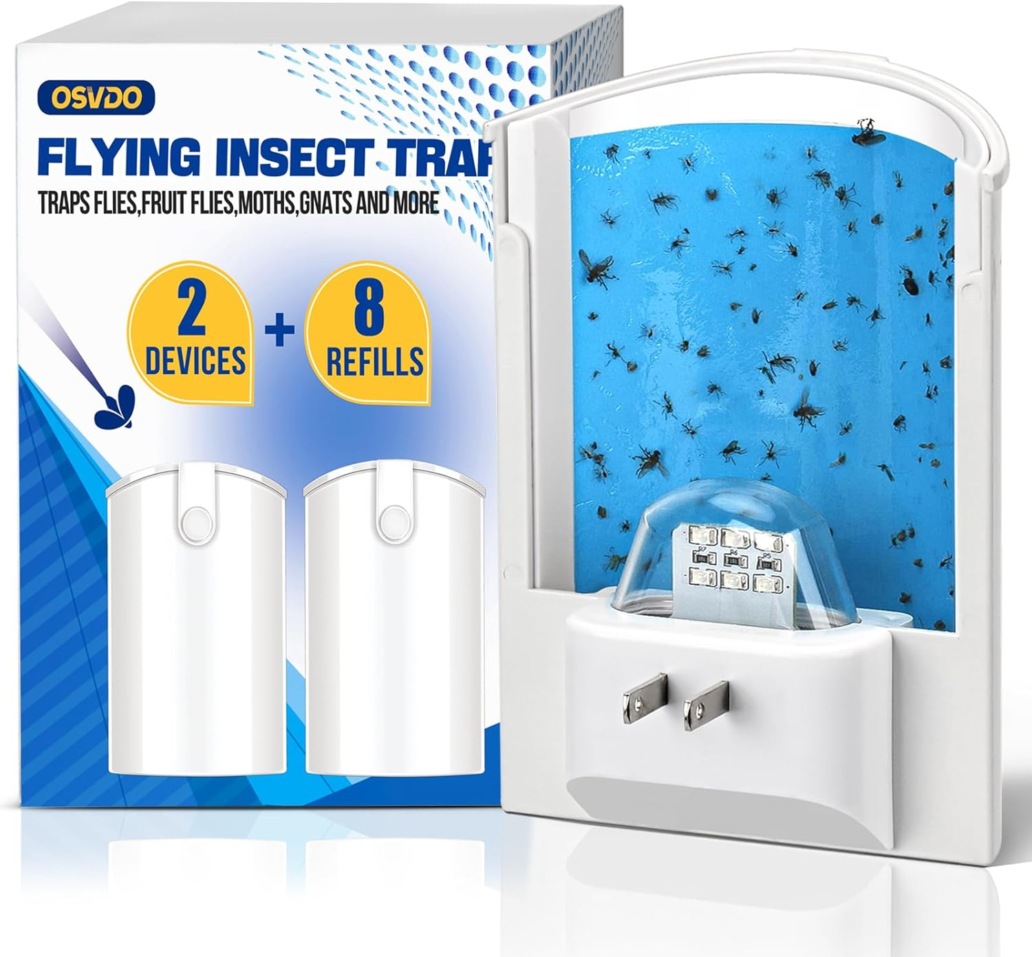 2 Flying Insect Trap & 8 Refills, Plug in Fruit Fly Traps for Indoors, Bug Catcher for Mosquitoes, Moths, Fruit Flies, Gnat Traps for House Indoor | Safe Blue & UV Light Attraction image number 6